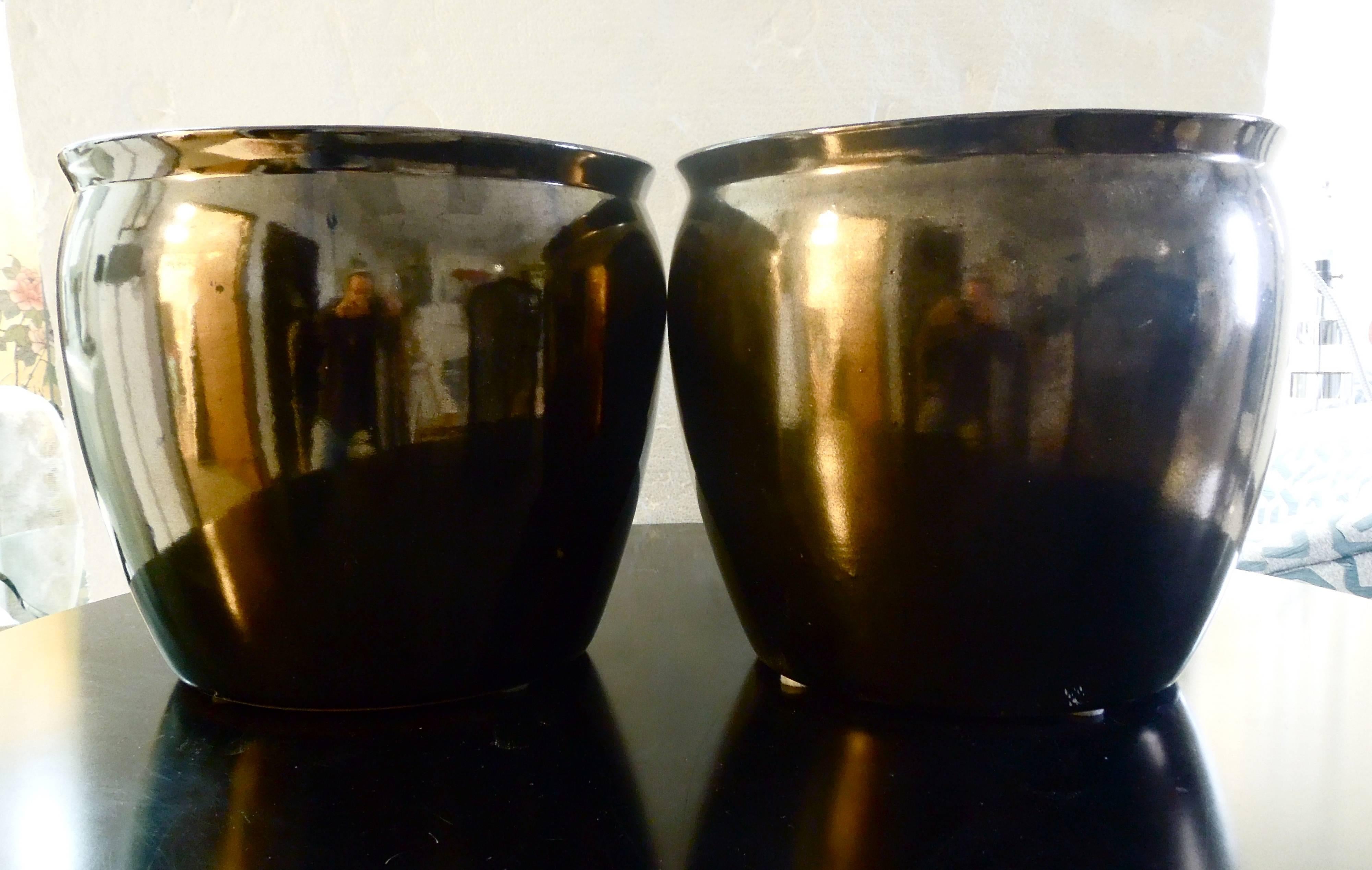 American Pair of 1980s Metallic Bronze Glaze Planters from Steve Chase Residence