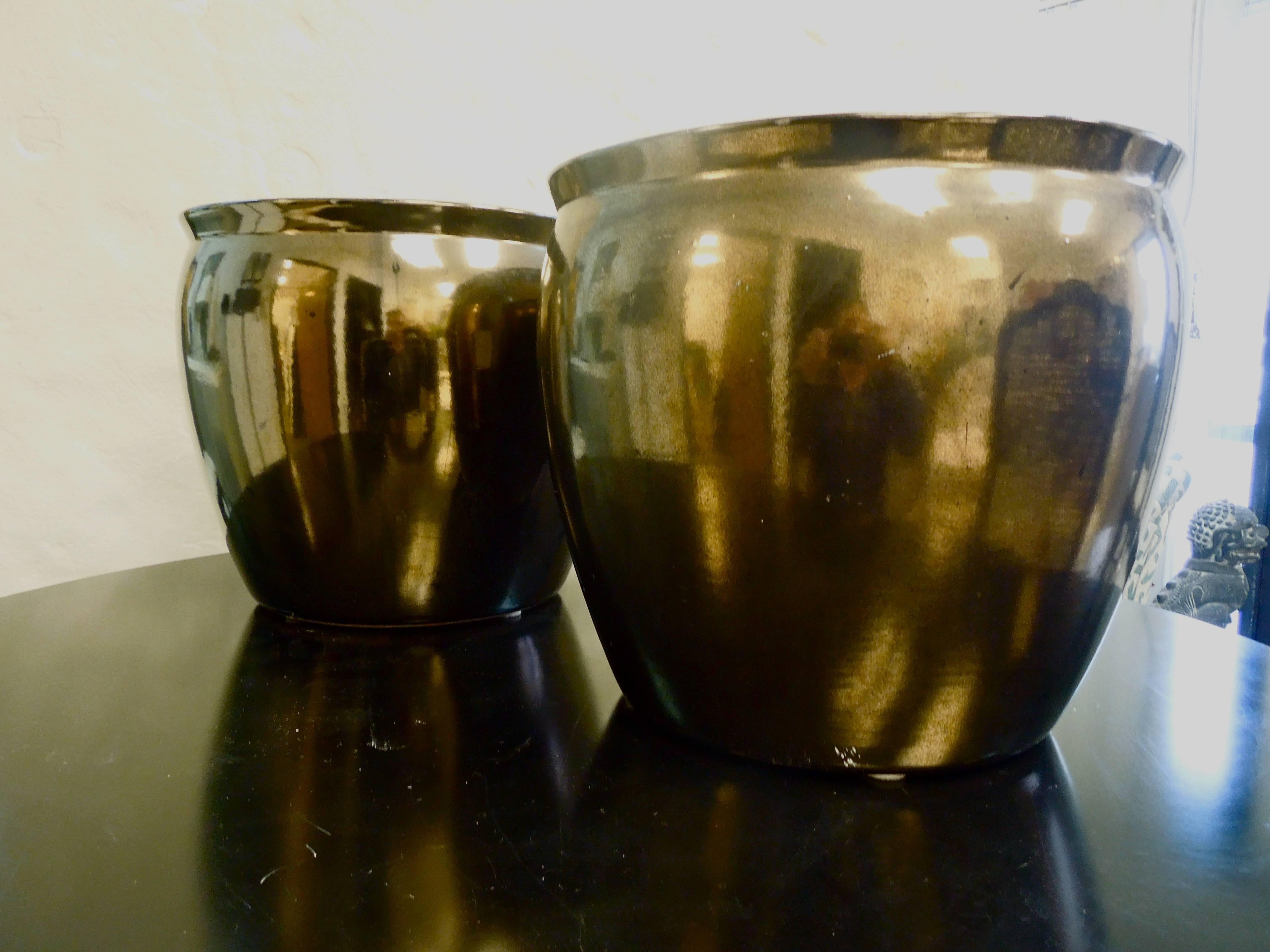 Modern Pair of 1980s Metallic Bronze Glaze Planters from Steve Chase Residence