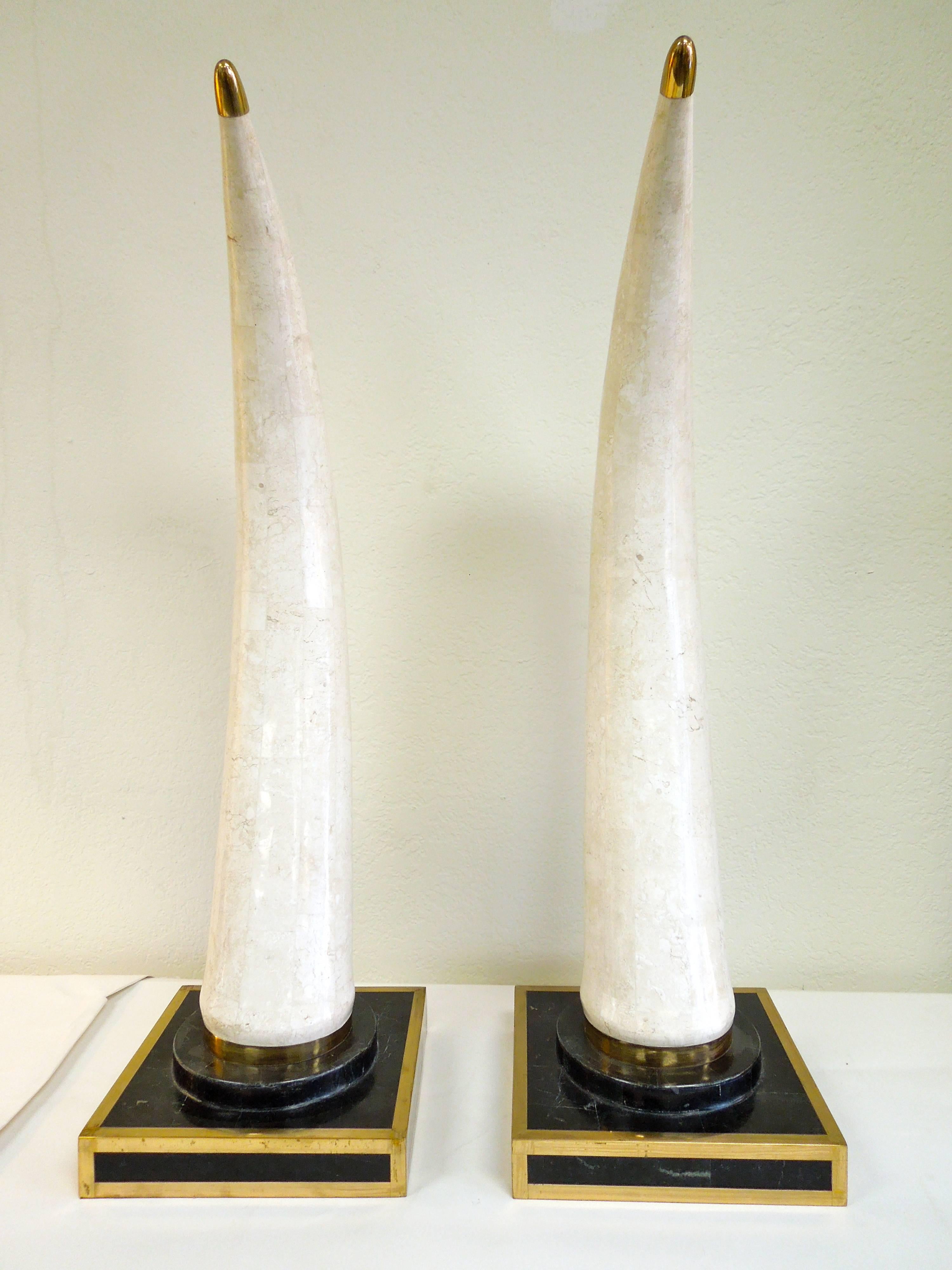 Hollywood Regency Glamorous Pair of Large 1980s Beverly Hills Stone and Brass Faux Tusks