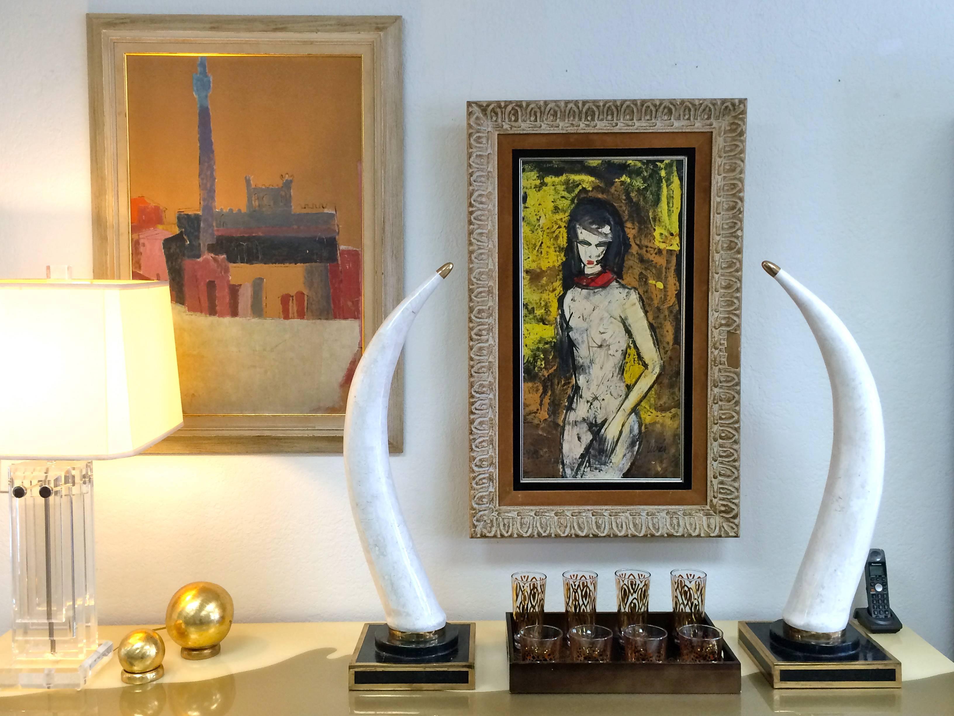Philippine Glamorous Pair of Large 1980s Beverly Hills Stone and Brass Faux Tusks