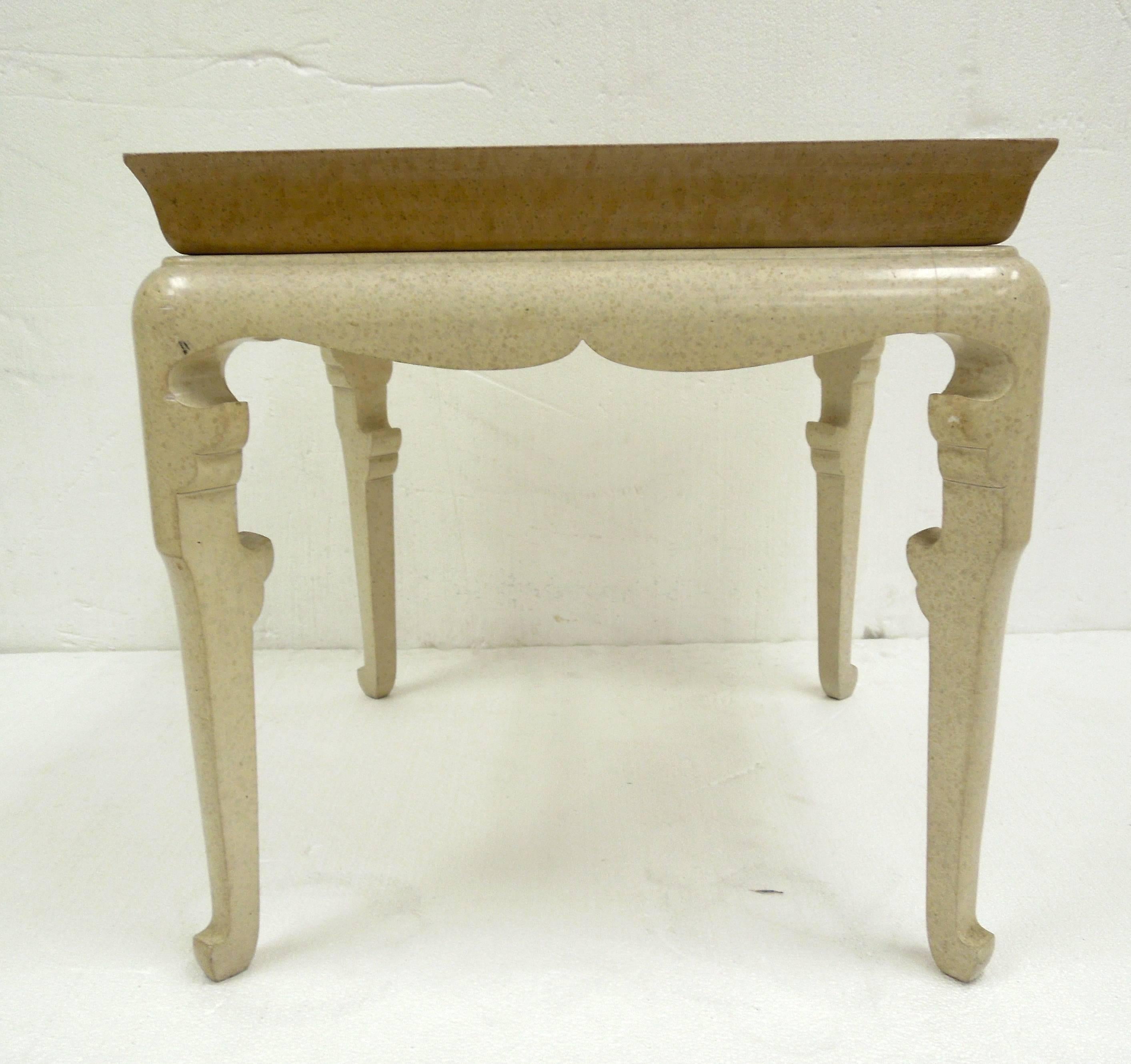 Handmade in the USA Factory of Marge Carson in the 1980s, is this beautiful two-tone faux finish side table. Looks like a tray top (not removable) Beautiful taupe and crème hand done faux finish. Signed. Sculptural, Jean Michele Frank style legs.