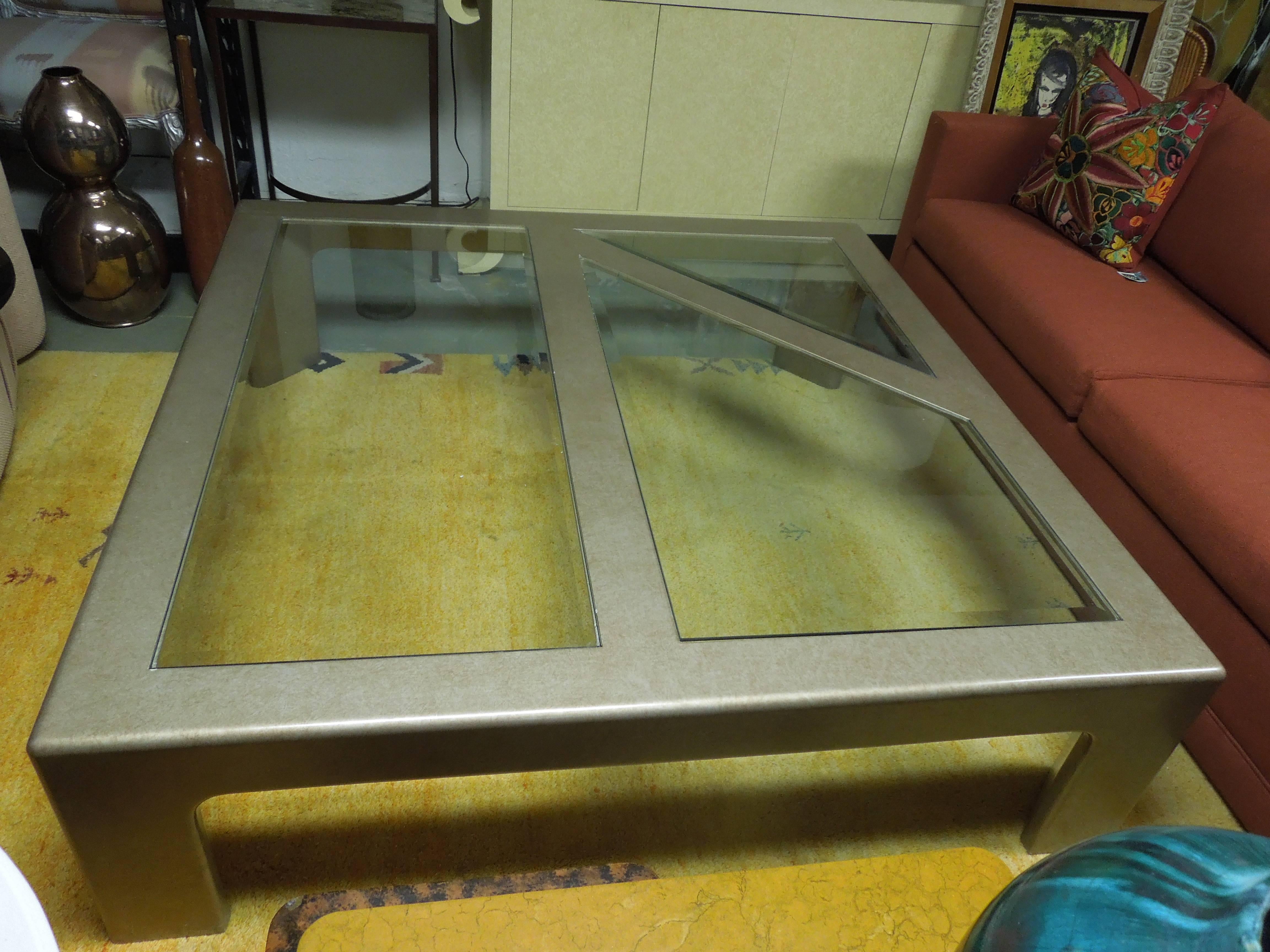 Large 1970s Custom Made Designer Glass and Metallic Wood Coffee Table 1