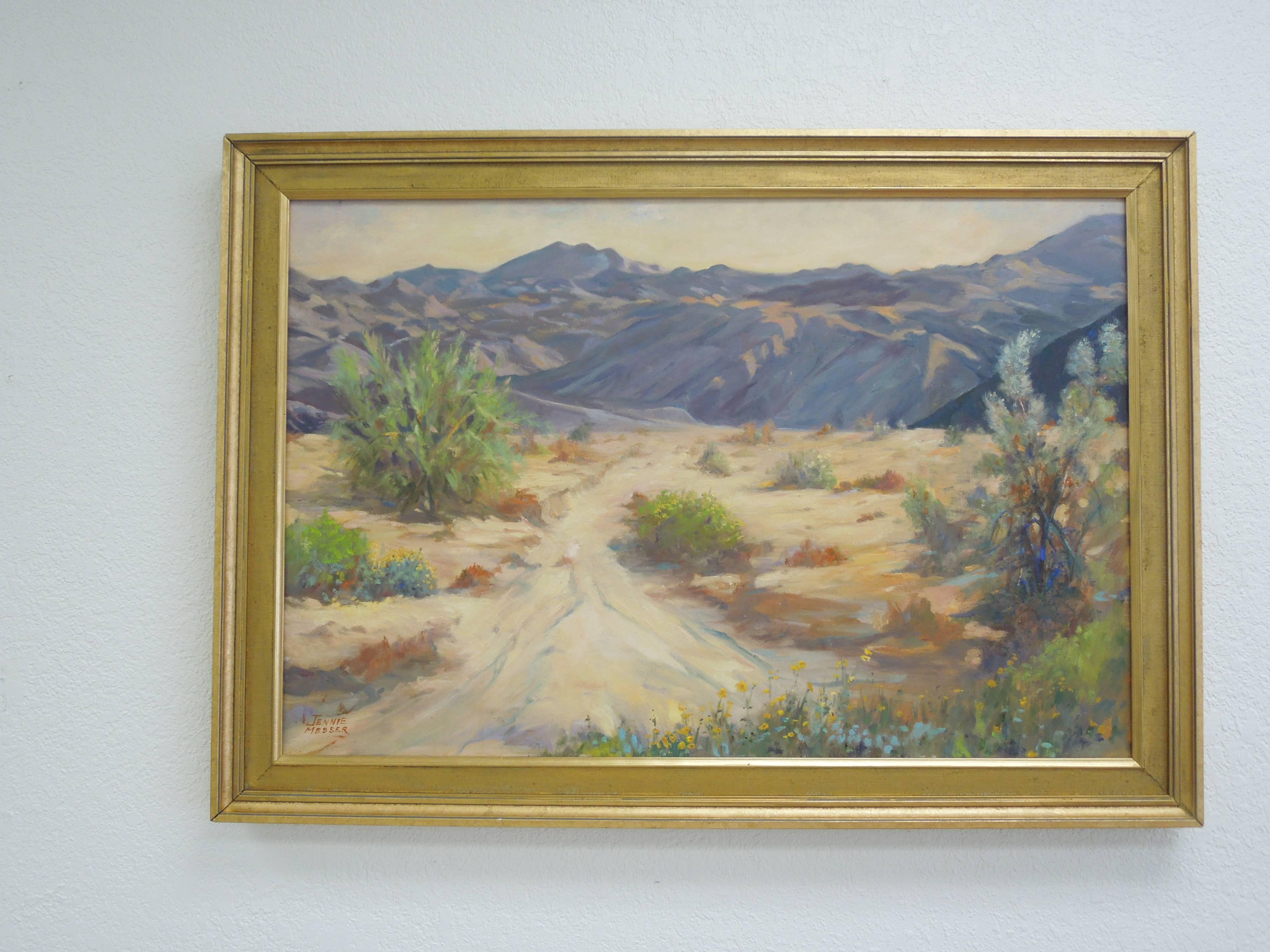 A lovely dimensional oil on canvas painting in soothing, relaxing colors of the Palm Springs desert. Obtains original gold wood frame.