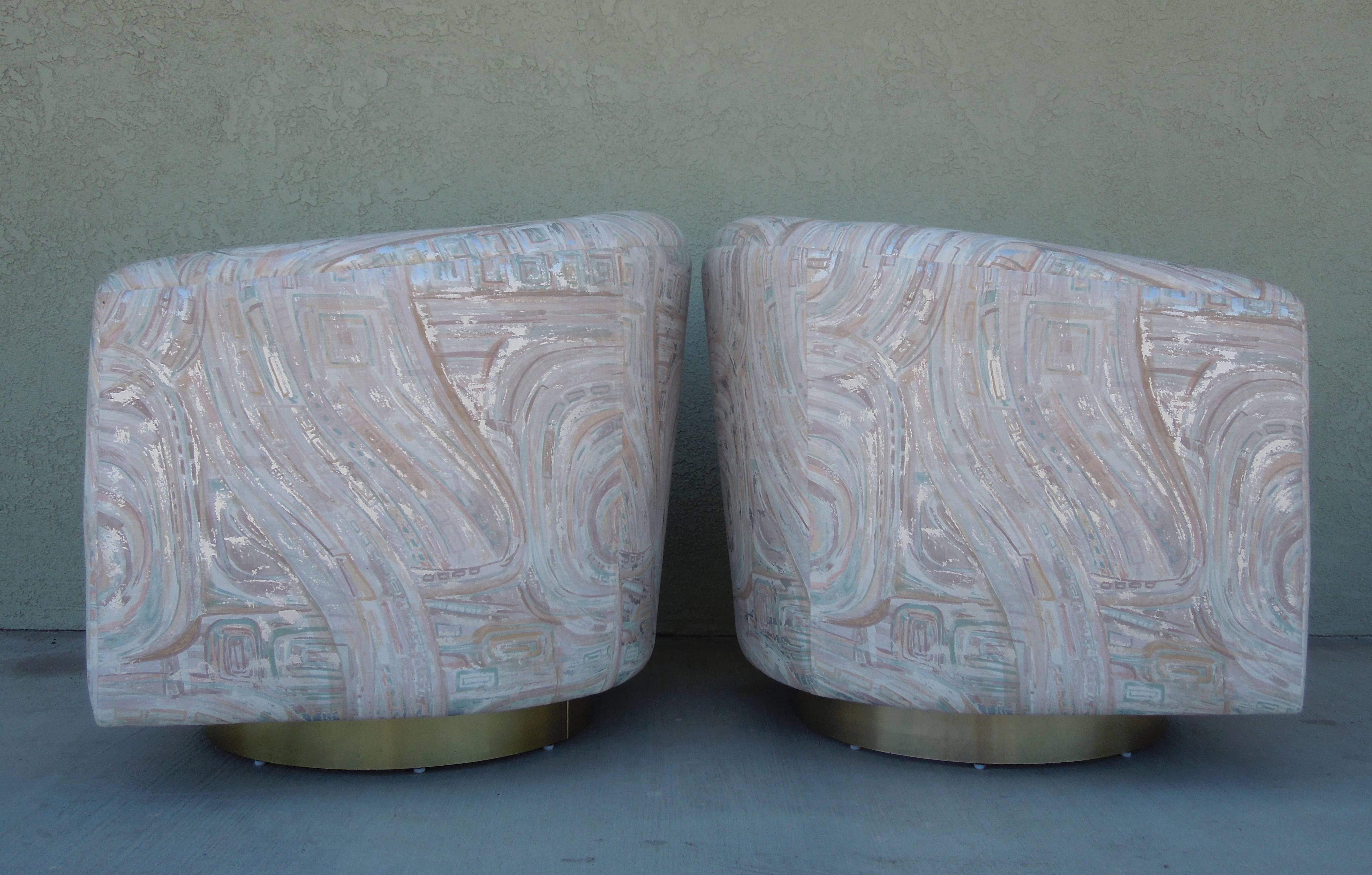 American Vintage Pair of Modern Brass Barrel Swivel Chairs in Original Designer Fabric