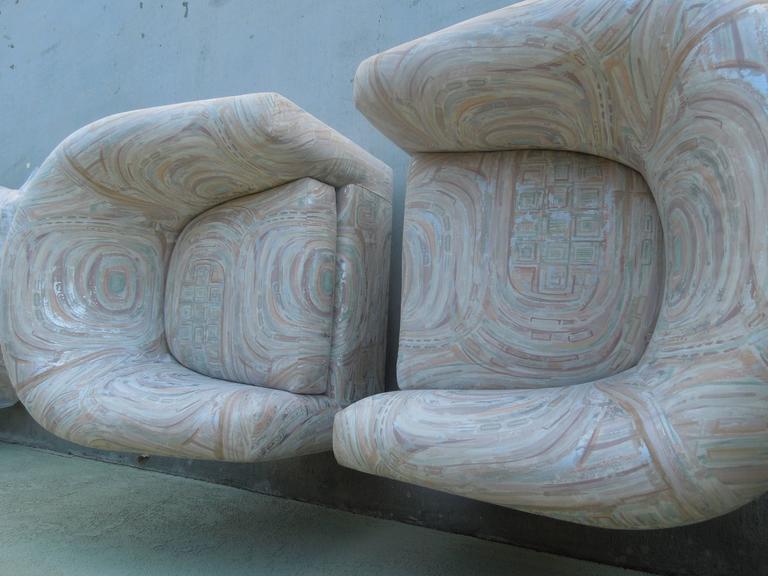 Vintage Pair of Modern Brass Barrel Swivel Chairs in Original Designer Fabric 1
