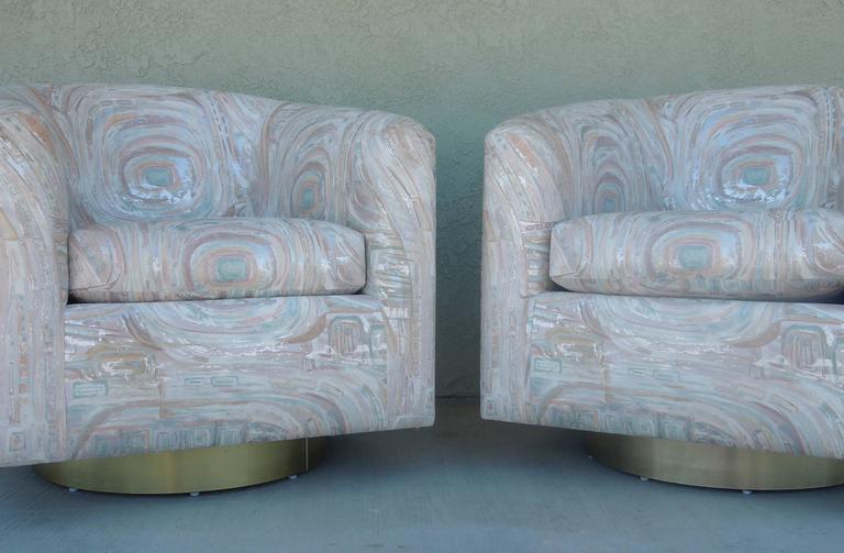 Vintage Pair of Modern Brass Barrel Swivel Chairs in Original Designer Fabric 2