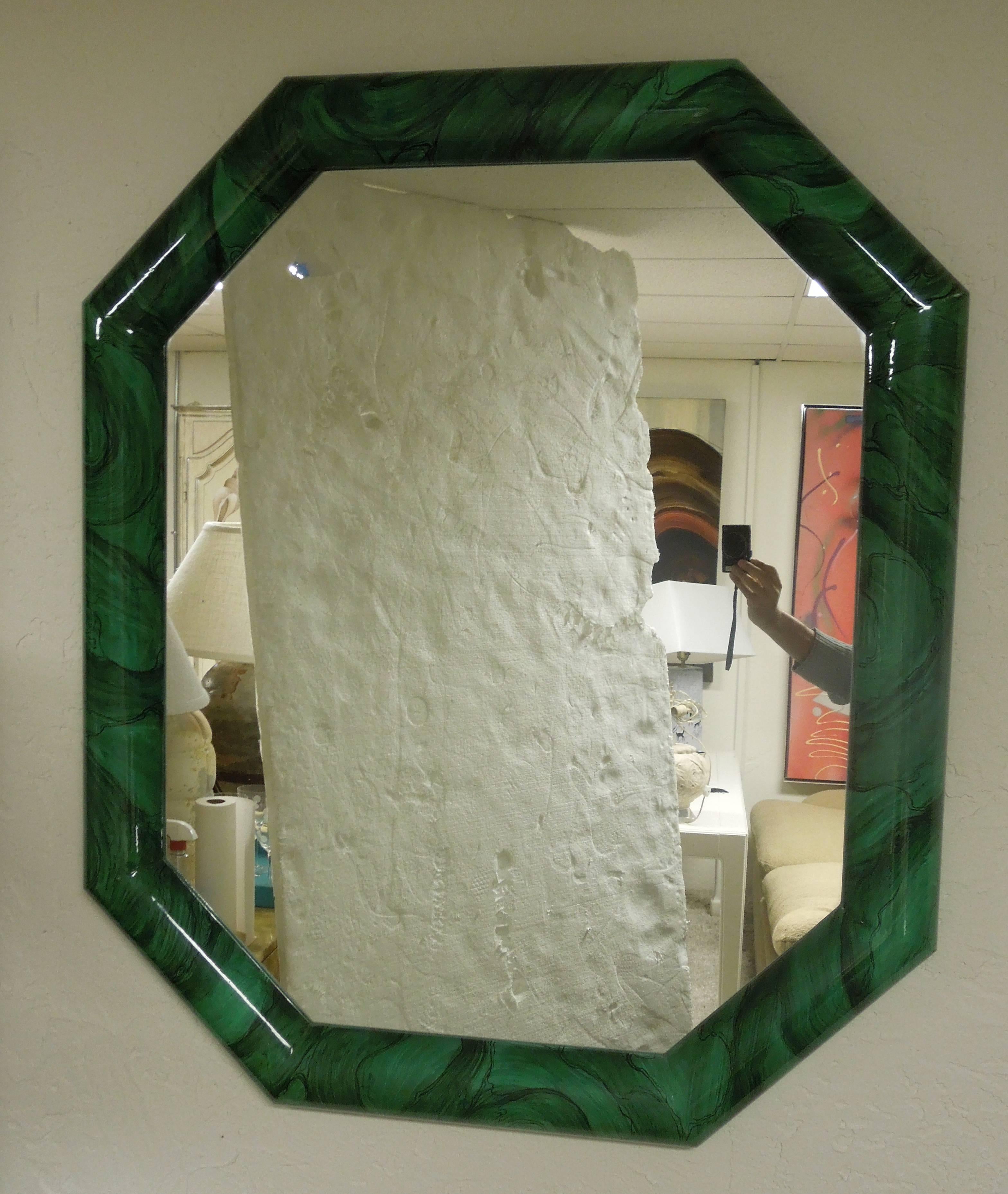 Unknown Glamorous 1980s Custom-Made Faux Malachite Octagon Mirror