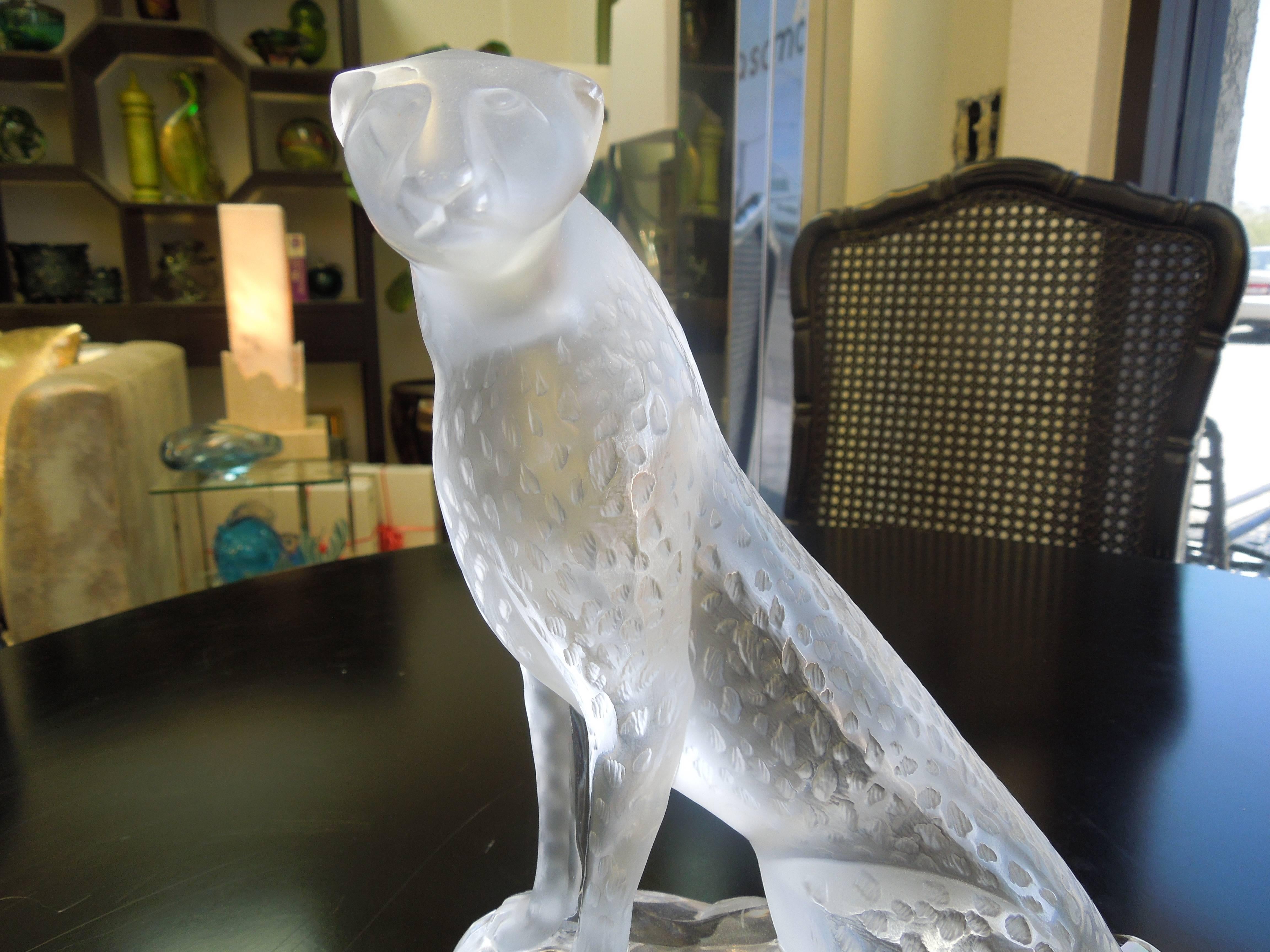 French Lalique Tancrede Cheetah on a Rock Crystal Sculpture