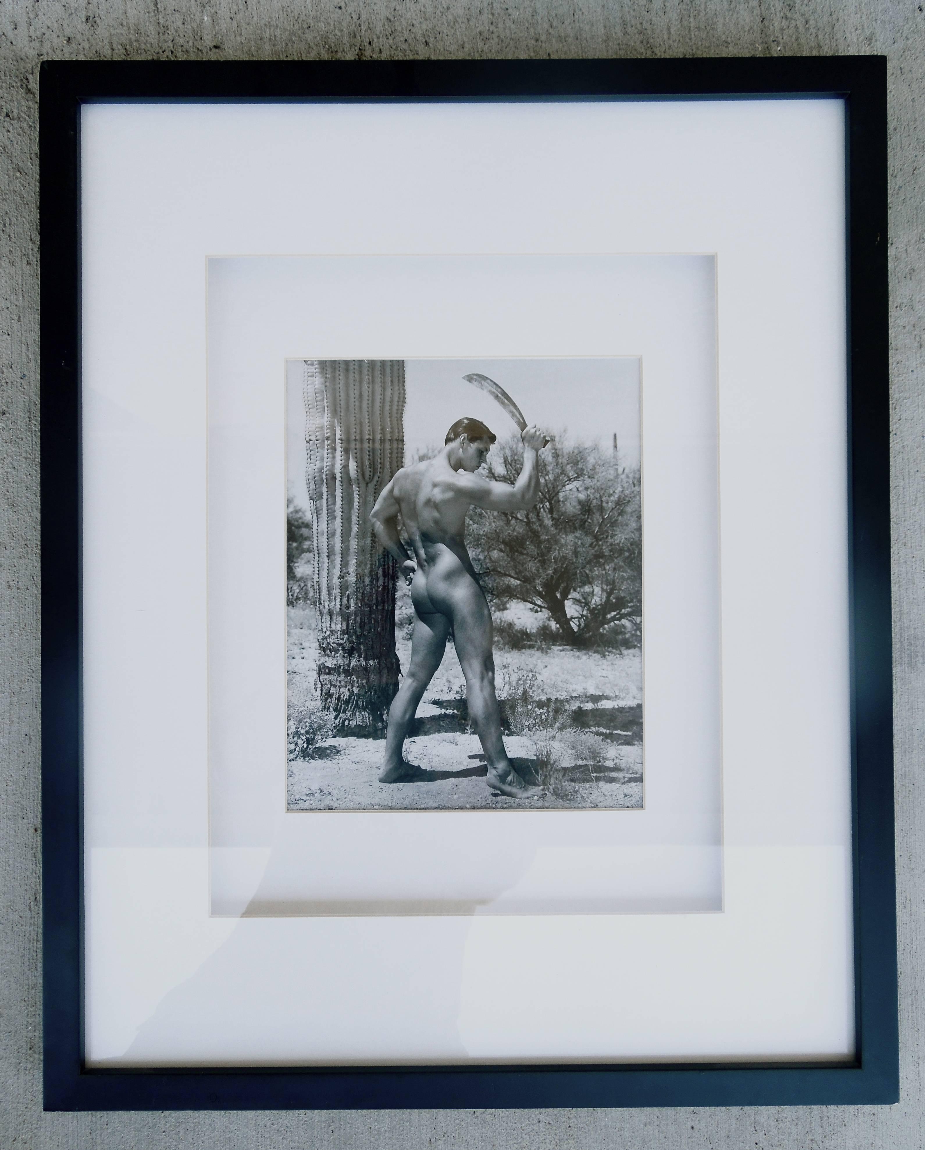These are a rare pair (Front view and back view set) of Bruce Bellas aka Bruce of LA male physique photos. Shot in Palm Springs CA in the late 1950s. The photos include the model name Ed Lincoln on the back of the photos. One signed Bruce on back. A