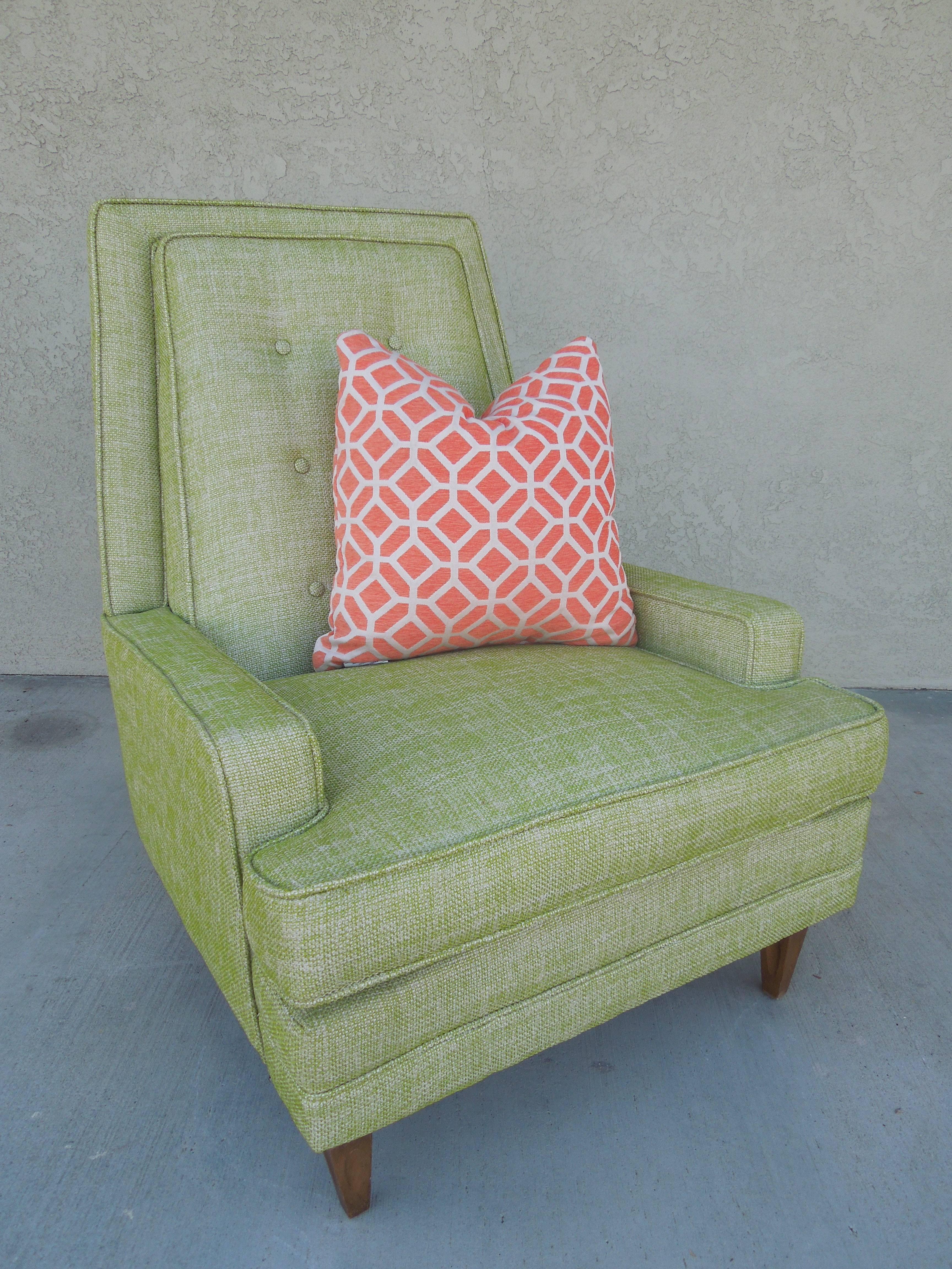 American 1960s Modern Tailored Armchair in New High End Lime Linen Tweed Fabric