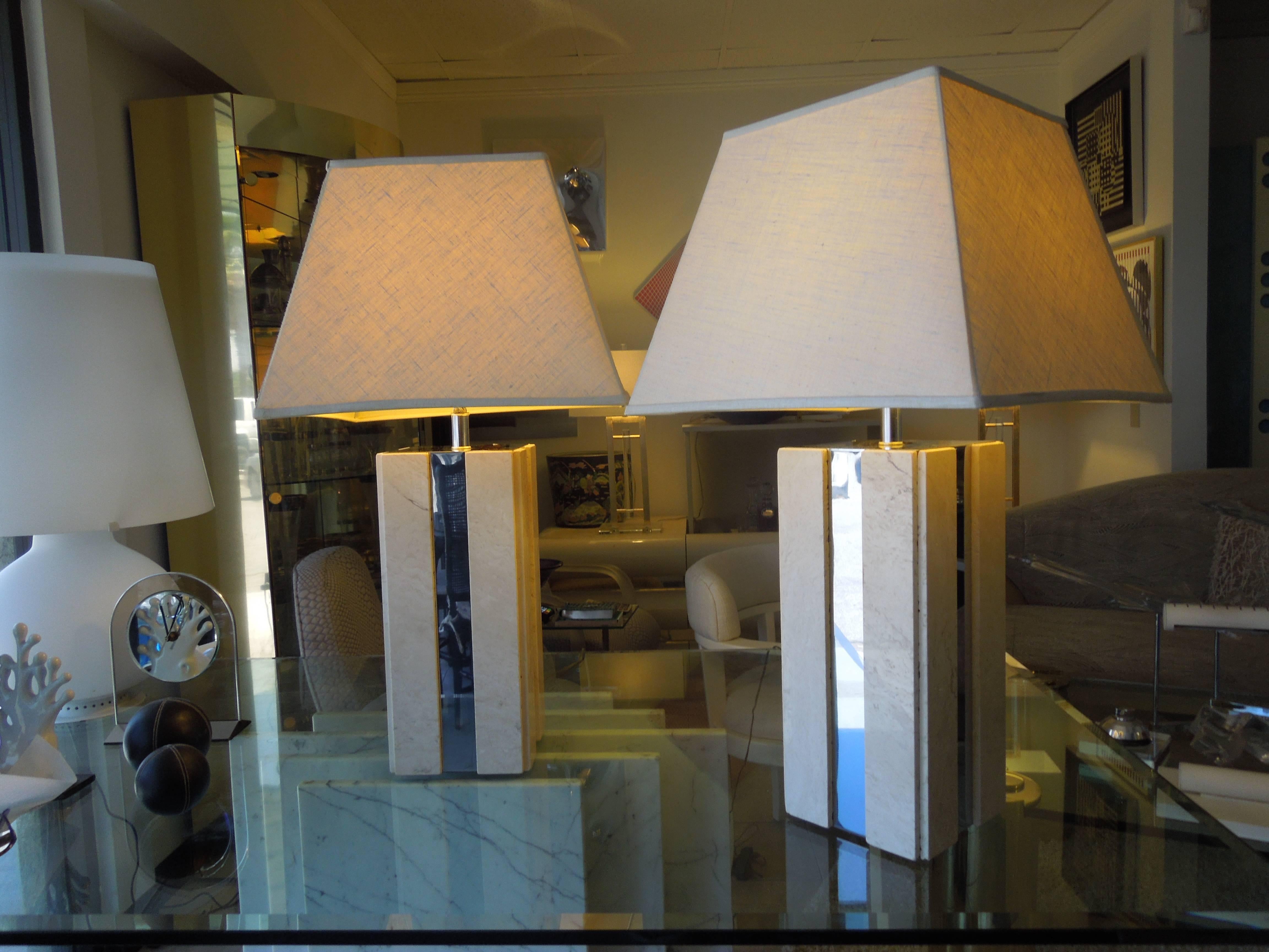  Travertine and Chrome Modern Skyscraper Lamps, 1970s Pair In Good Condition For Sale In Palm Springs, CA