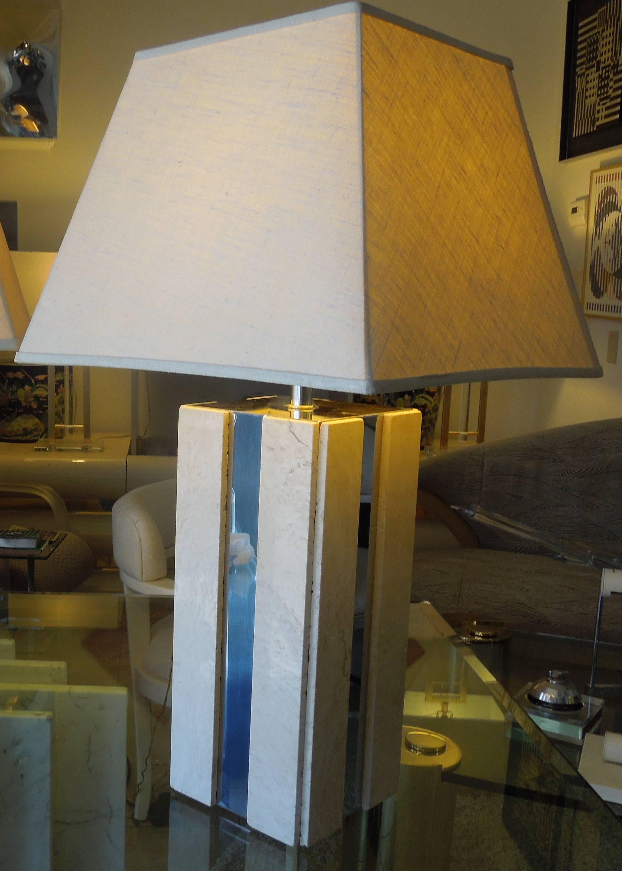 Late 20th Century  Travertine and Chrome Modern Skyscraper Lamps, 1970s Pair For Sale