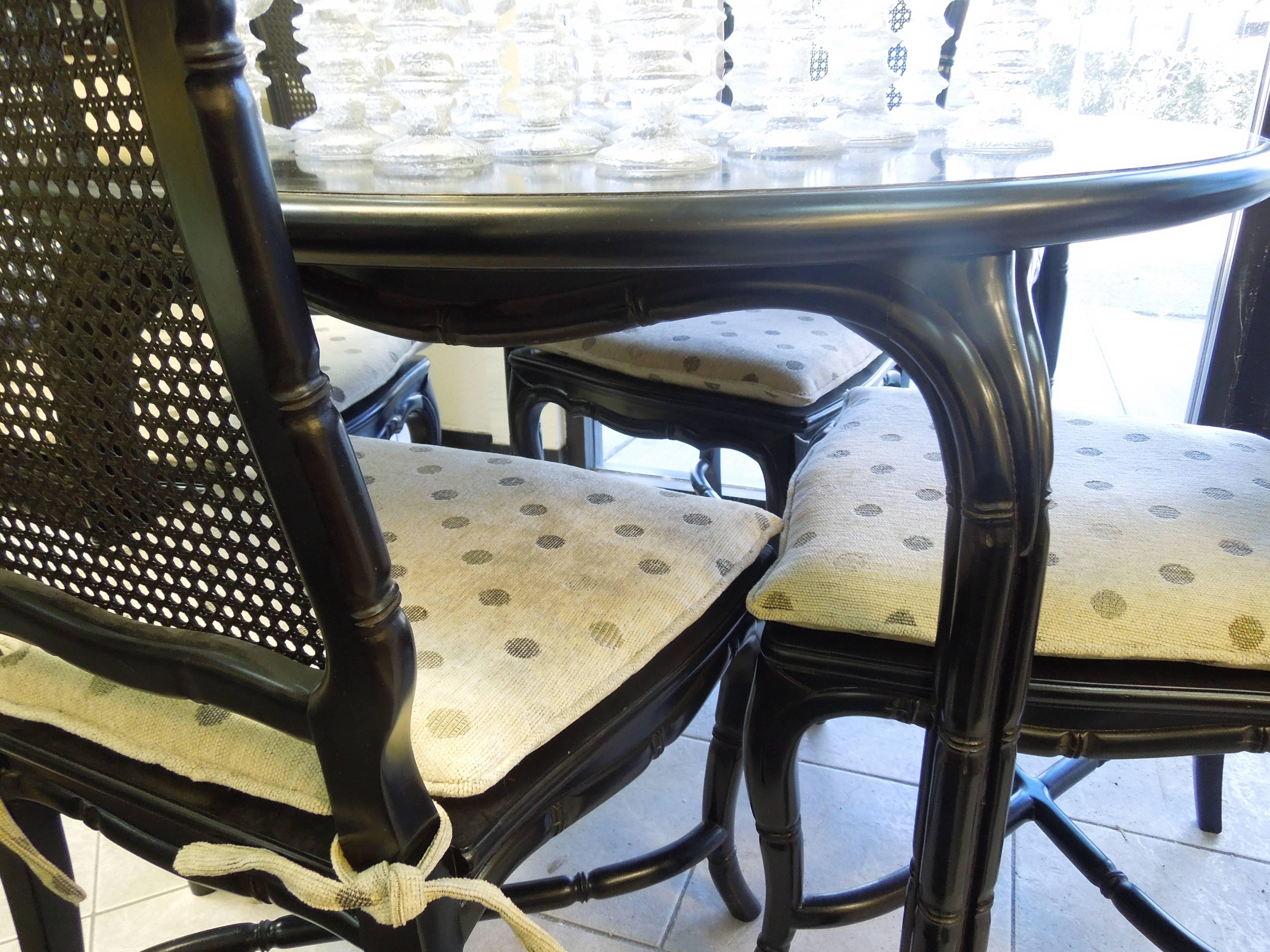 Vintage Hollywood Regency Black Round Dining or Game Table and Four Chairs Set 2