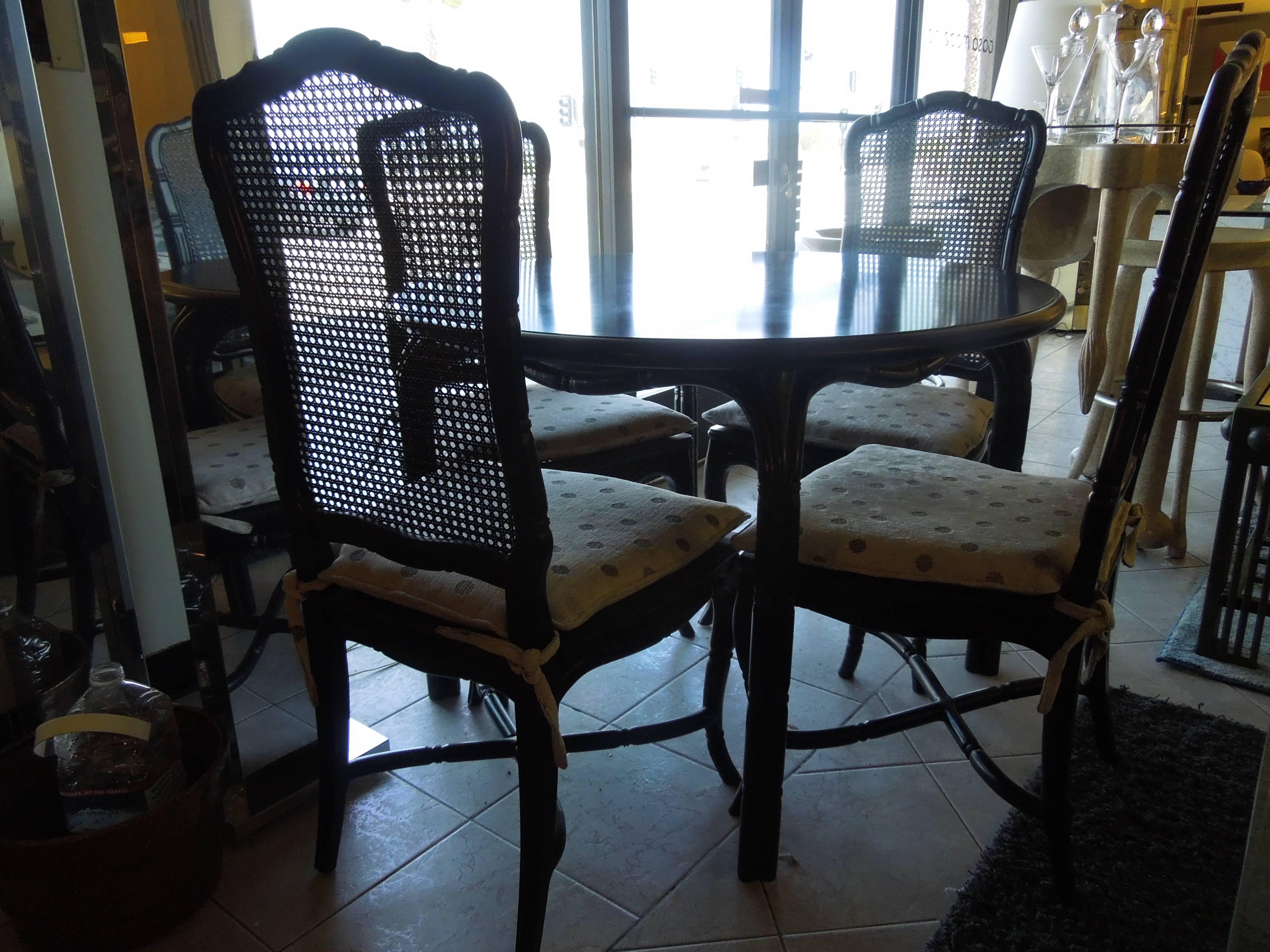 Vintage Hollywood Regency Black Round Dining or Game Table and Four Chairs Set 4