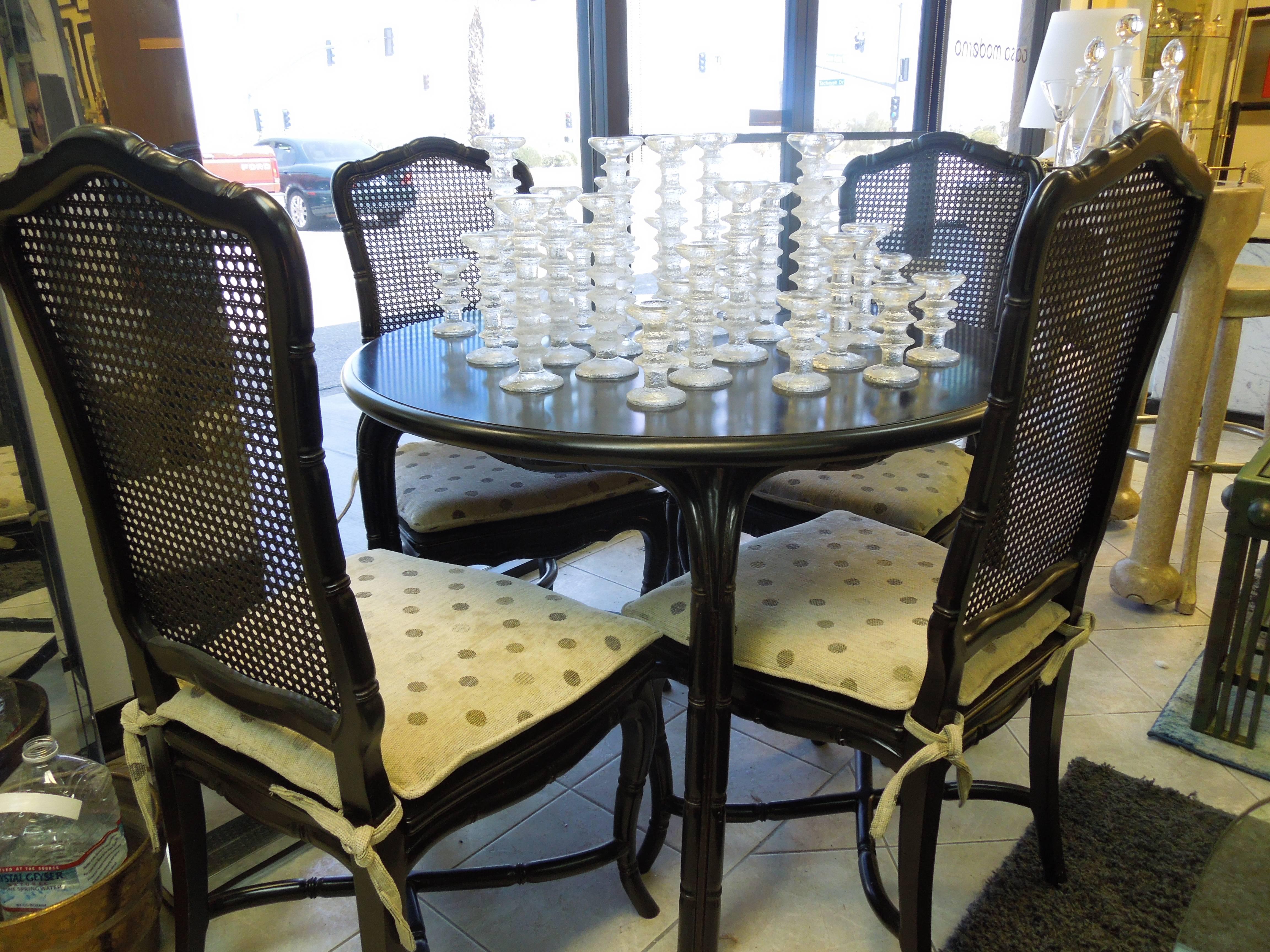 Vintage Hollywood Regency Black Round Dining or Game Table and Four Chairs Set 1