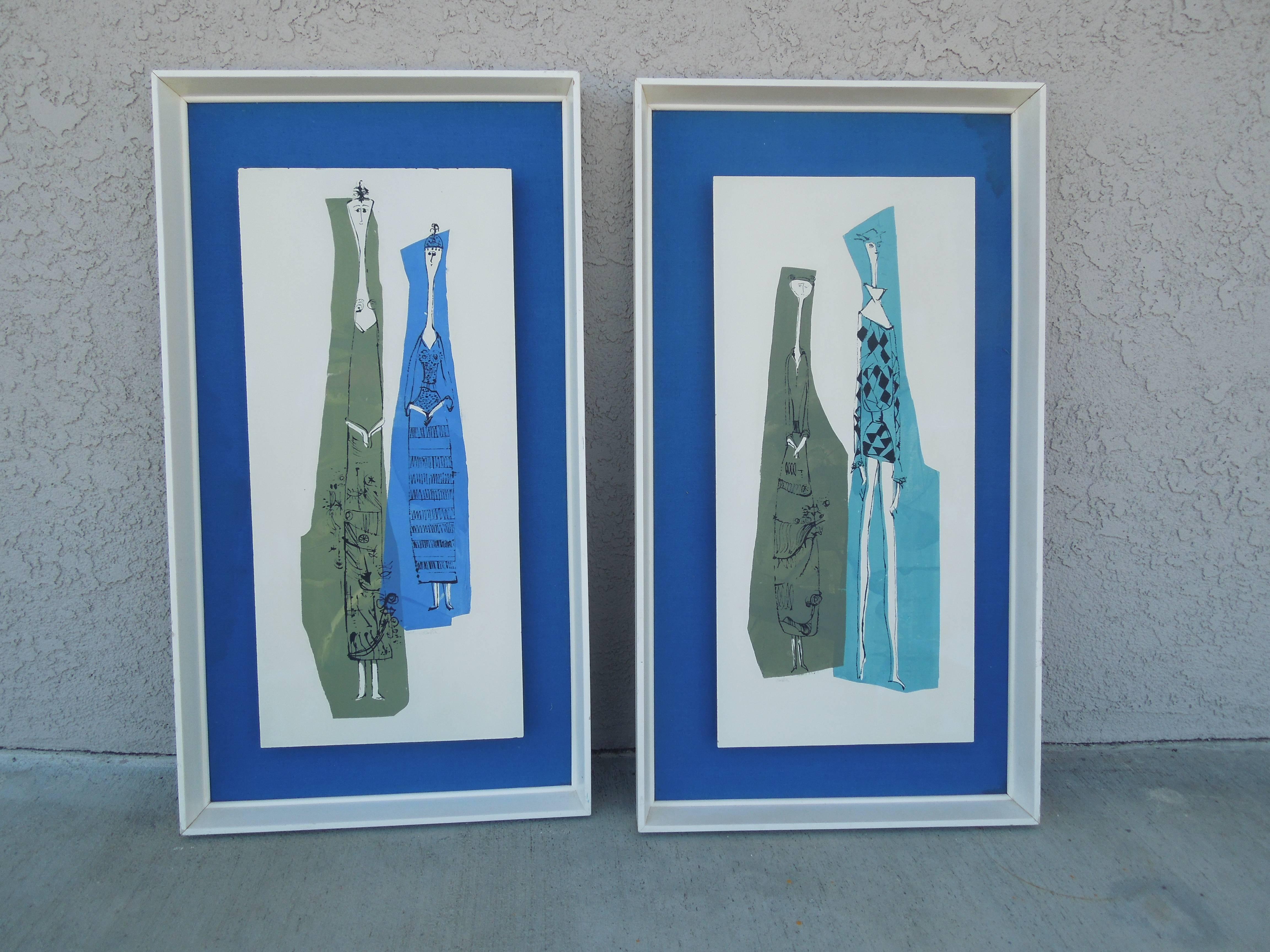 An amazing example of Alex Kosta (1925-2005) early work. The pair of silkscreen on board obtains original unique frame with navy linen ground and white wood frame. Each signed on front. This pair is not part of an edition and believed to be an