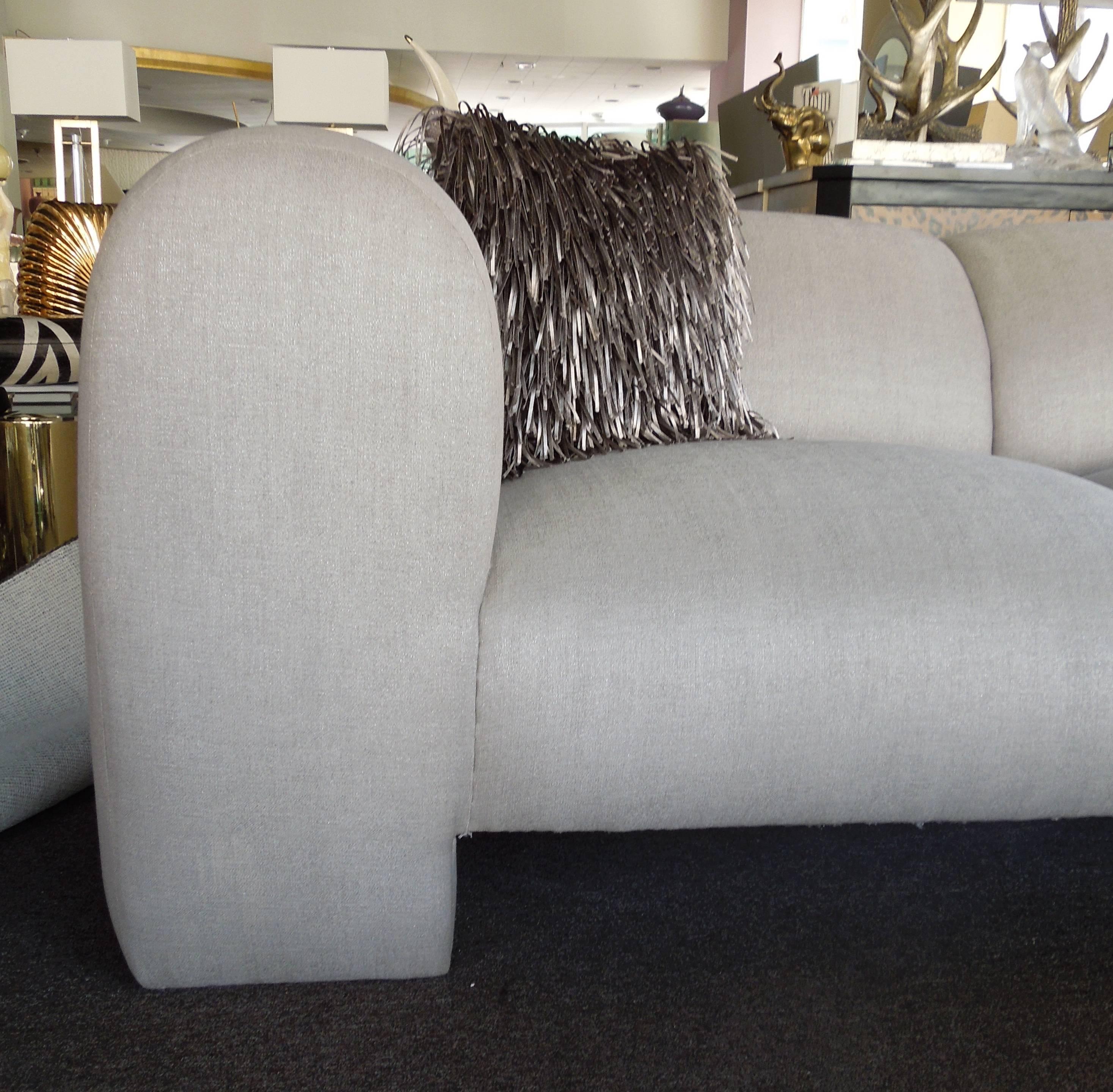 Pair Luxe Modern Silver Linen Metallic Sofas Palm Spings Designer Estate In Excellent Condition In Palm Springs, CA
