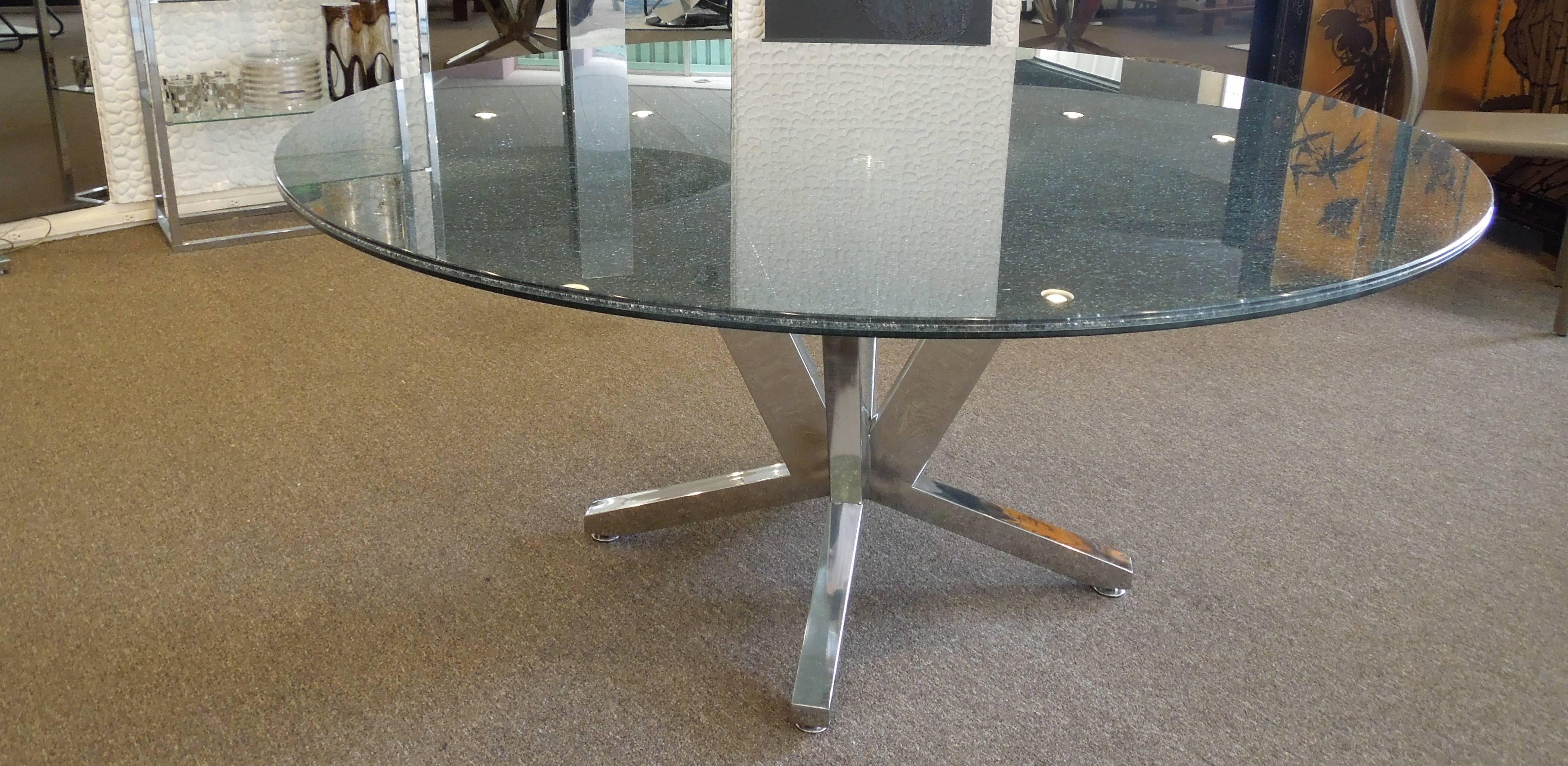 Modern Contemporary Crackle Glass and Chrome Sculptural Dining Table