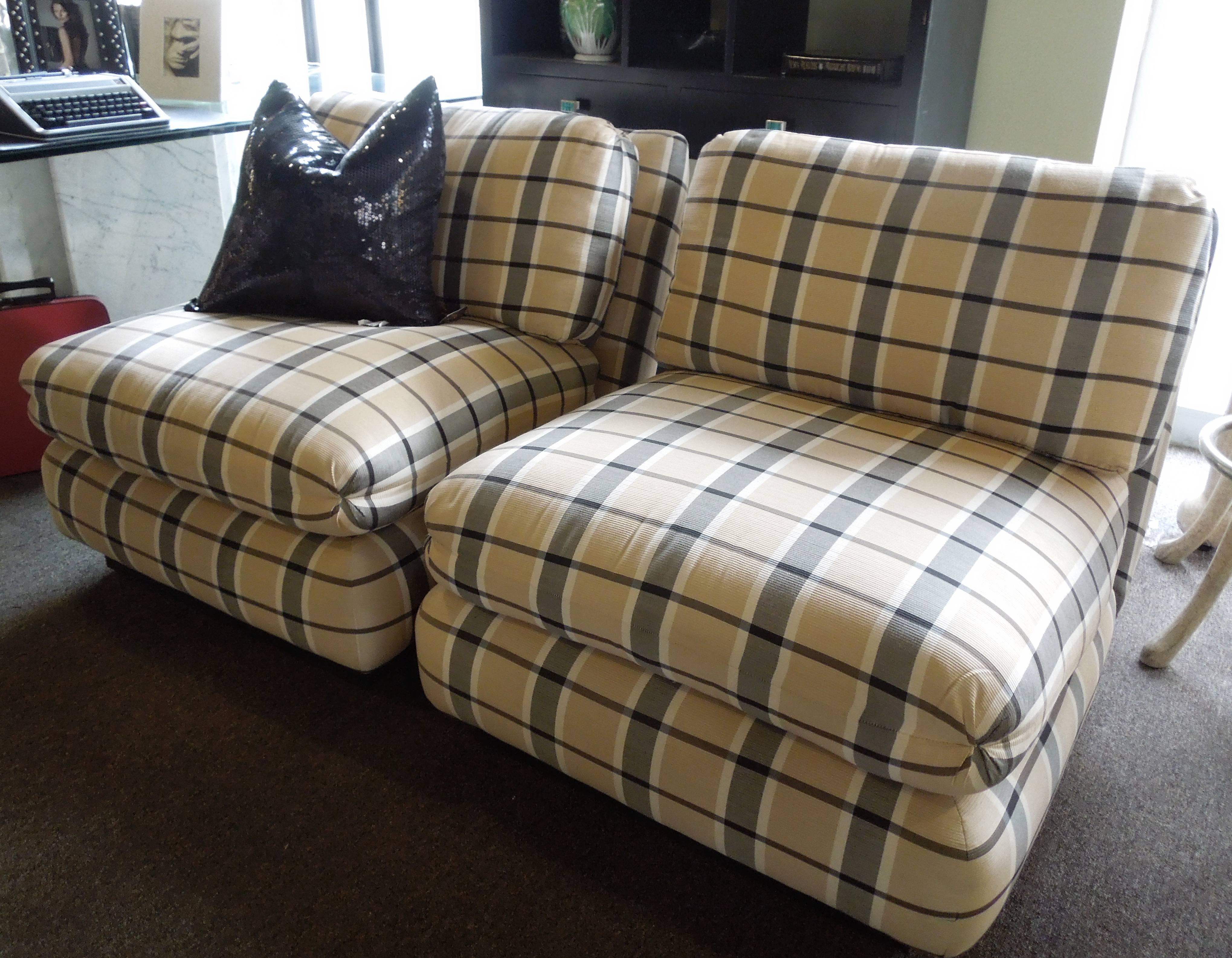 Late 20th Century Pair of Marge Carson 1980s Silk Blend Plaid Slipper Chairs