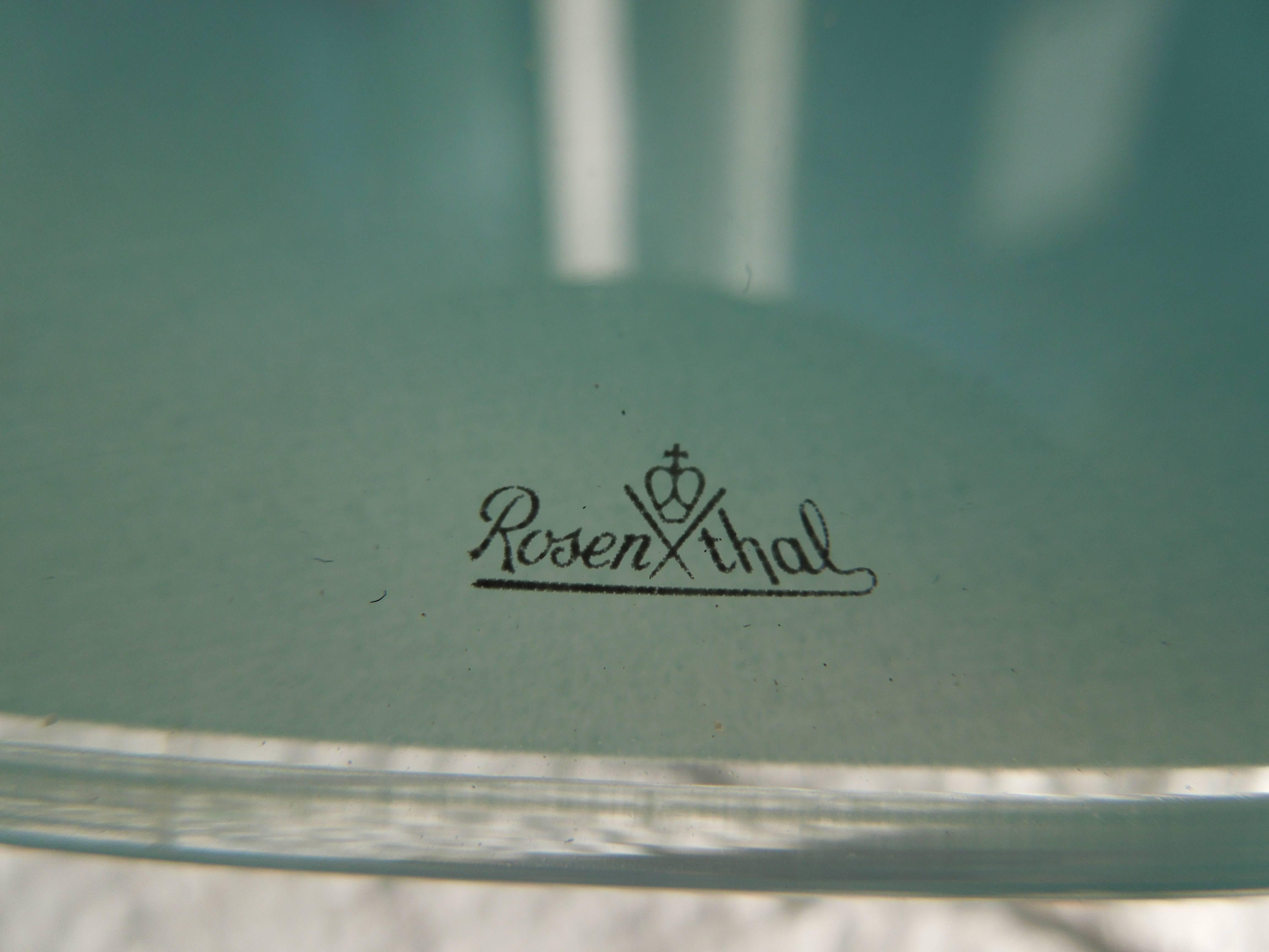 American Large Rosenthal Modern Aqua Glass Platter with Silver Fern Design