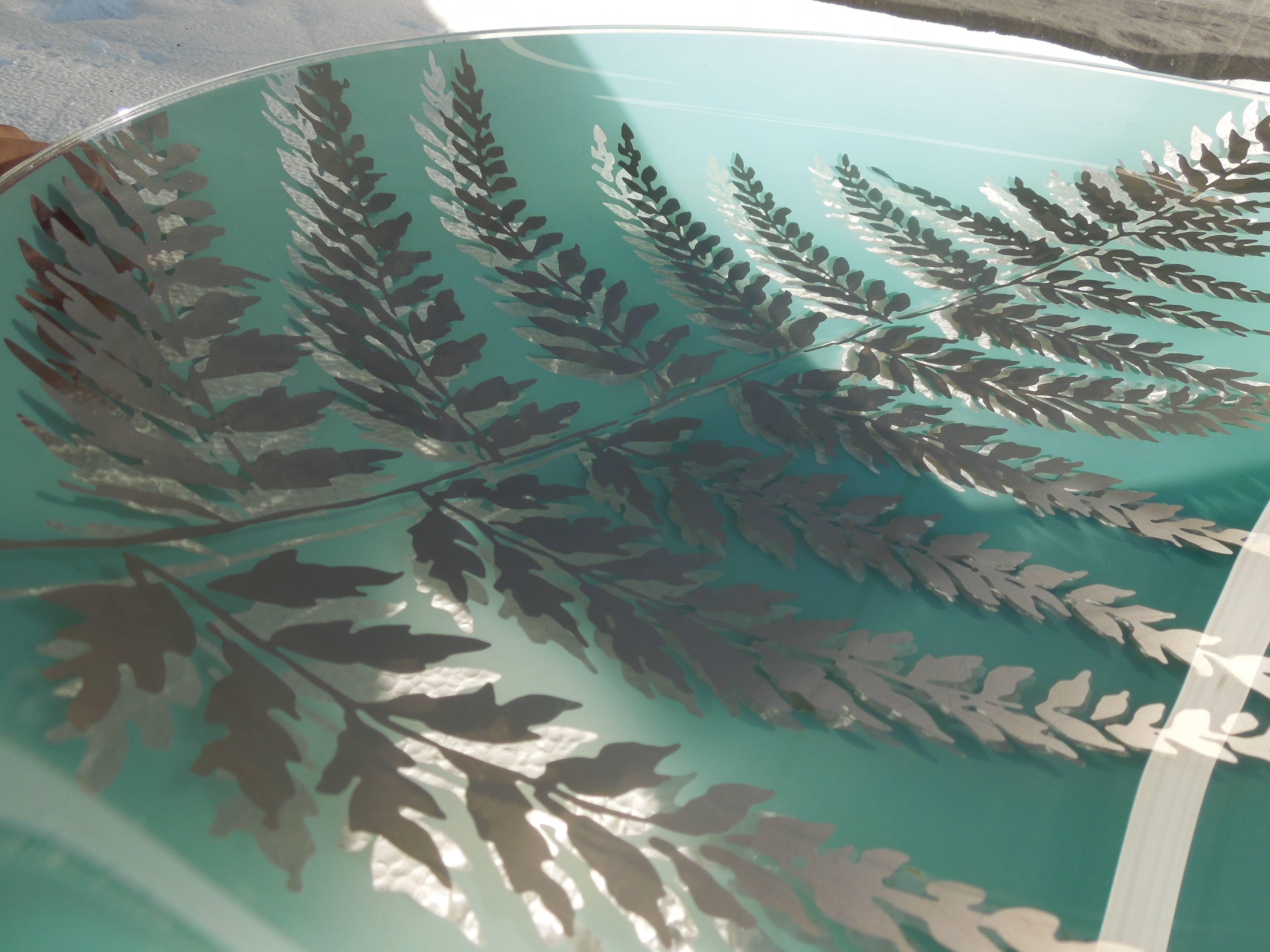 Large Rosenthal Modern Aqua Glass Platter with Silver Fern Design In Excellent Condition In Palm Springs, CA