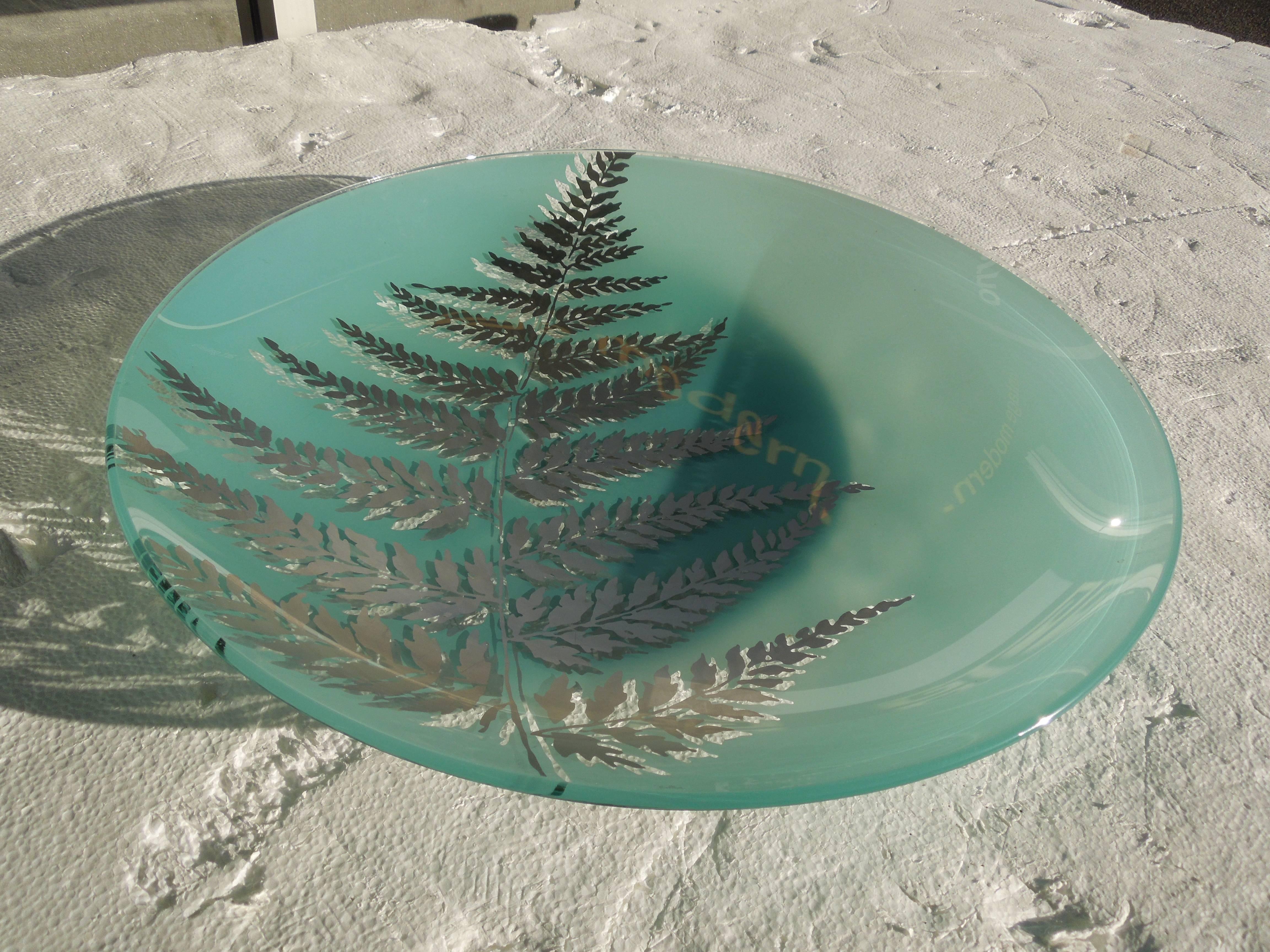 Late 20th Century Large Rosenthal Modern Aqua Glass Platter with Silver Fern Design