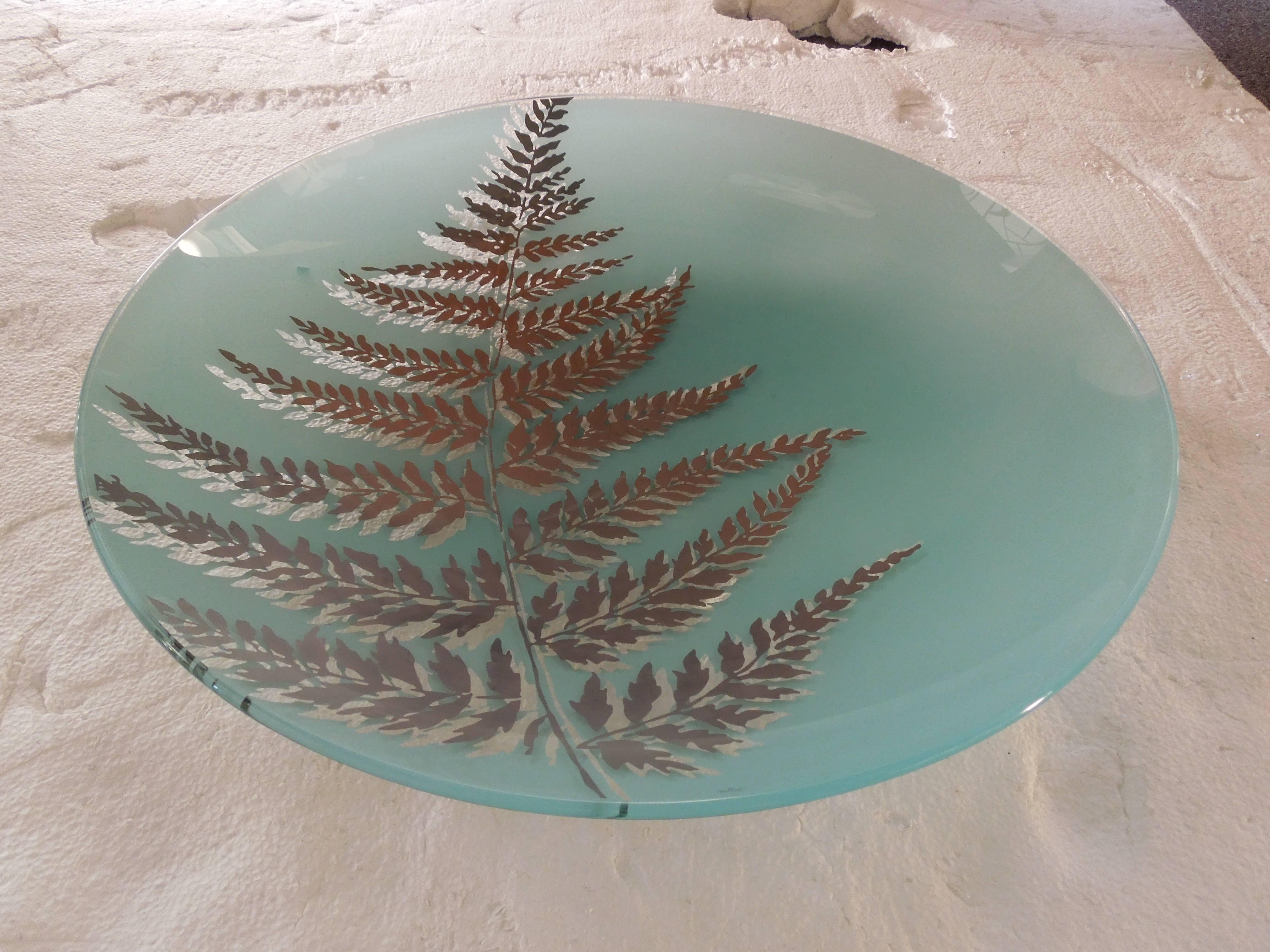 Large Rosenthal Modern Aqua Glass Platter with Silver Fern Design 1
