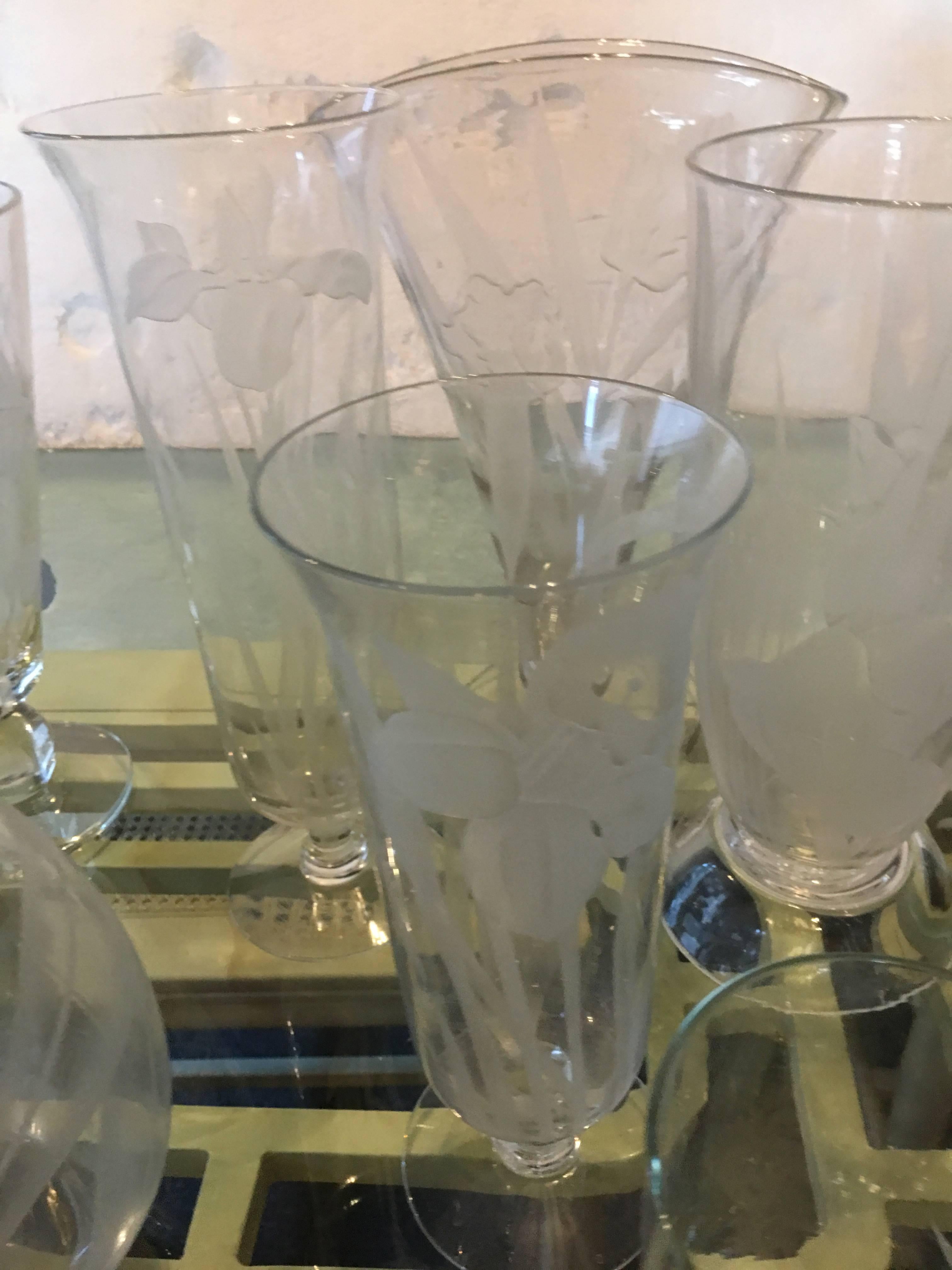 From a collection that took over 30 years to acquire, is a set of 13 pieces of Dorothy Thorpe, California etched vases. 12 are vases, and 1 is a very rare candle pillar with stand. These vases were very expensive when new in the 1960s, all deeply