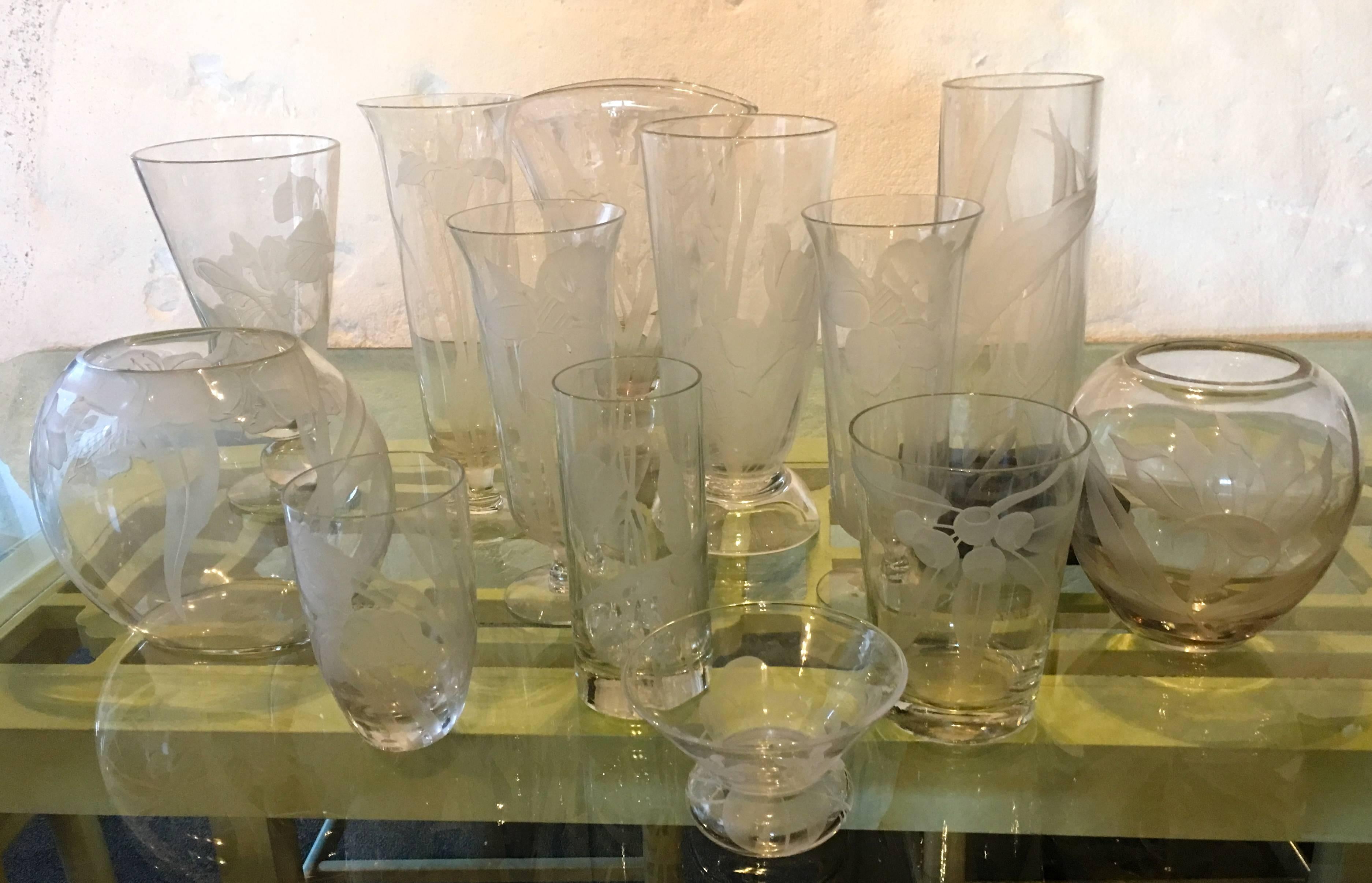 Mid-20th Century Large 13 Piece Collection of Dorothy Thorpe Floral Etched Glass Vases