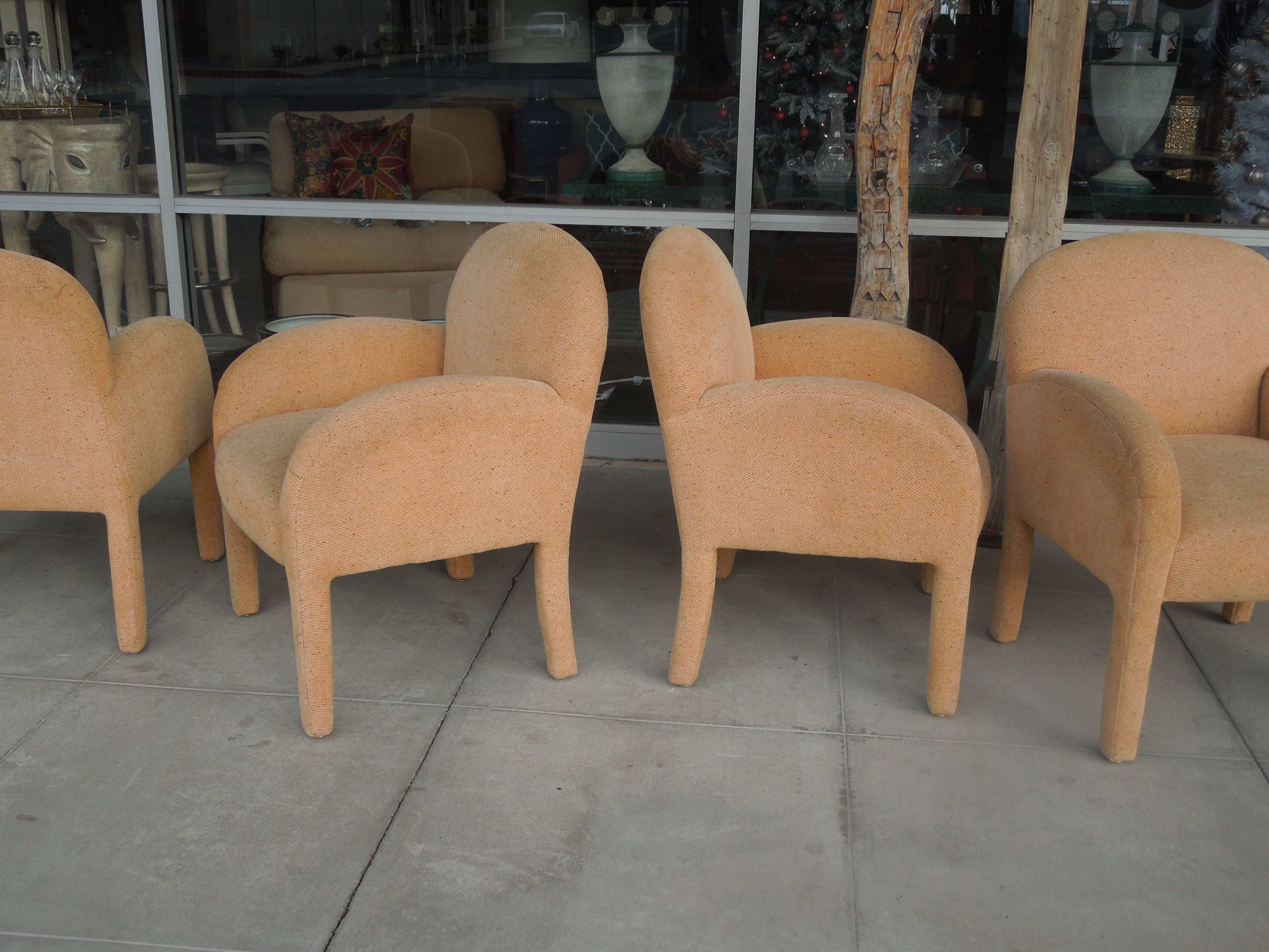 This set of four handmade in Los Angeles in the early 1980s, A. Rudin chairs were designed by Steve Chase for a upscale Rancho Mirage Estate, The chairs are in a beautiful neutral high end chennile, with one small flaw on the back of one chair,