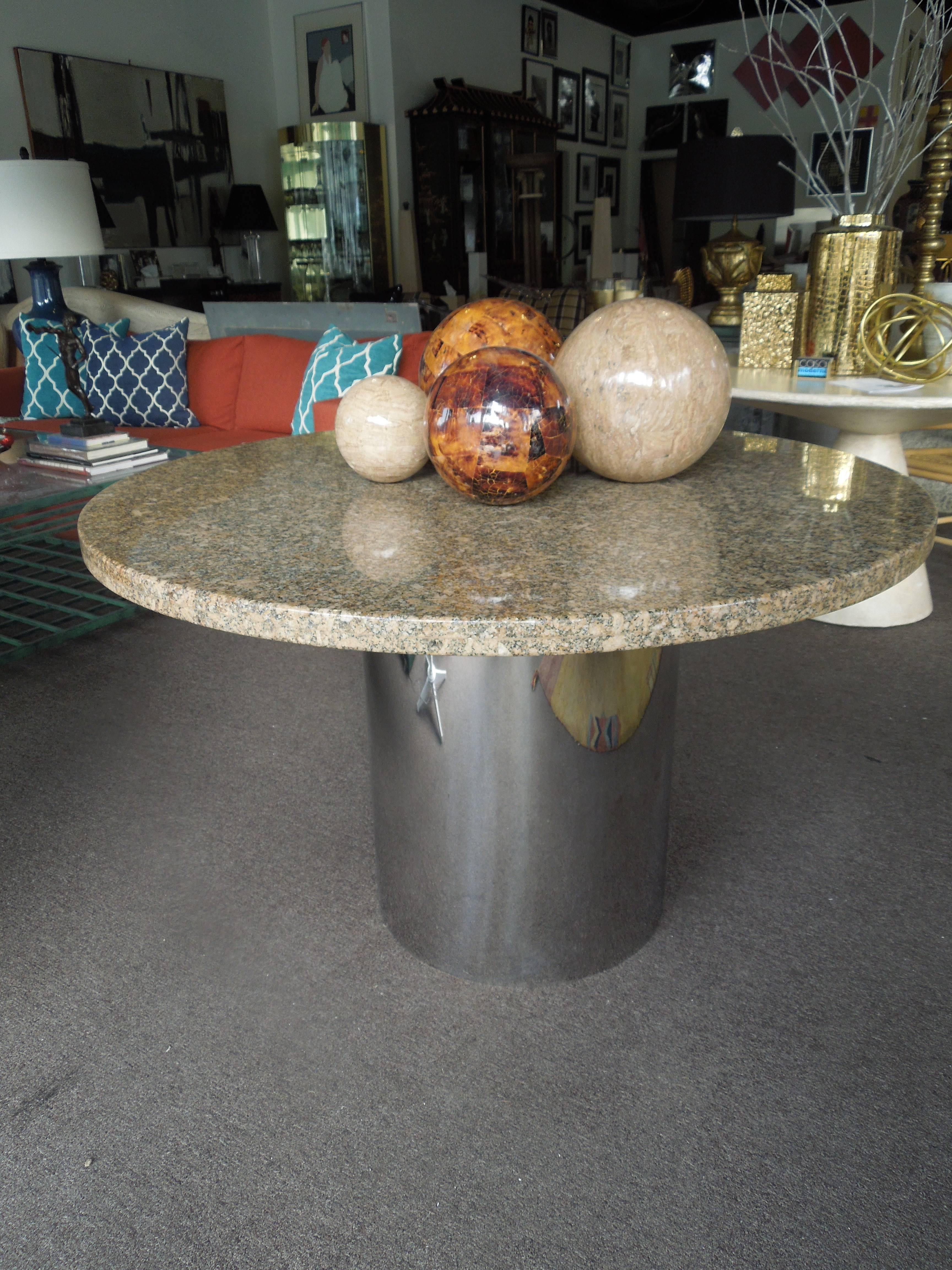 Iconic 1980s Steve Chase Chrome and Fossilized Granite Game or Dining Table In Excellent Condition In Palm Springs, CA