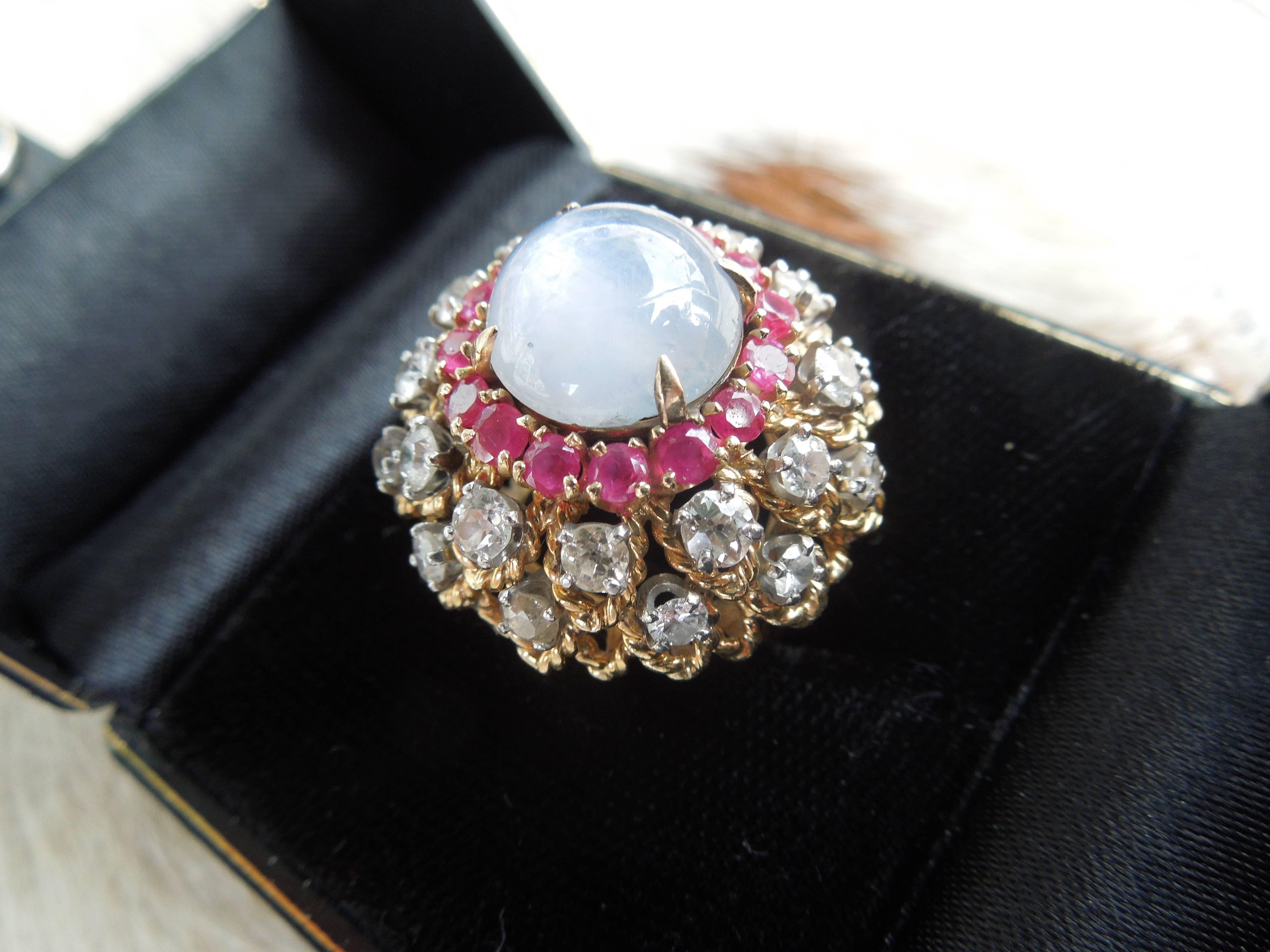 American 1960s Palm Springs Fashion Cocktail Ring with Diamonds, Rubies and Star Saphire