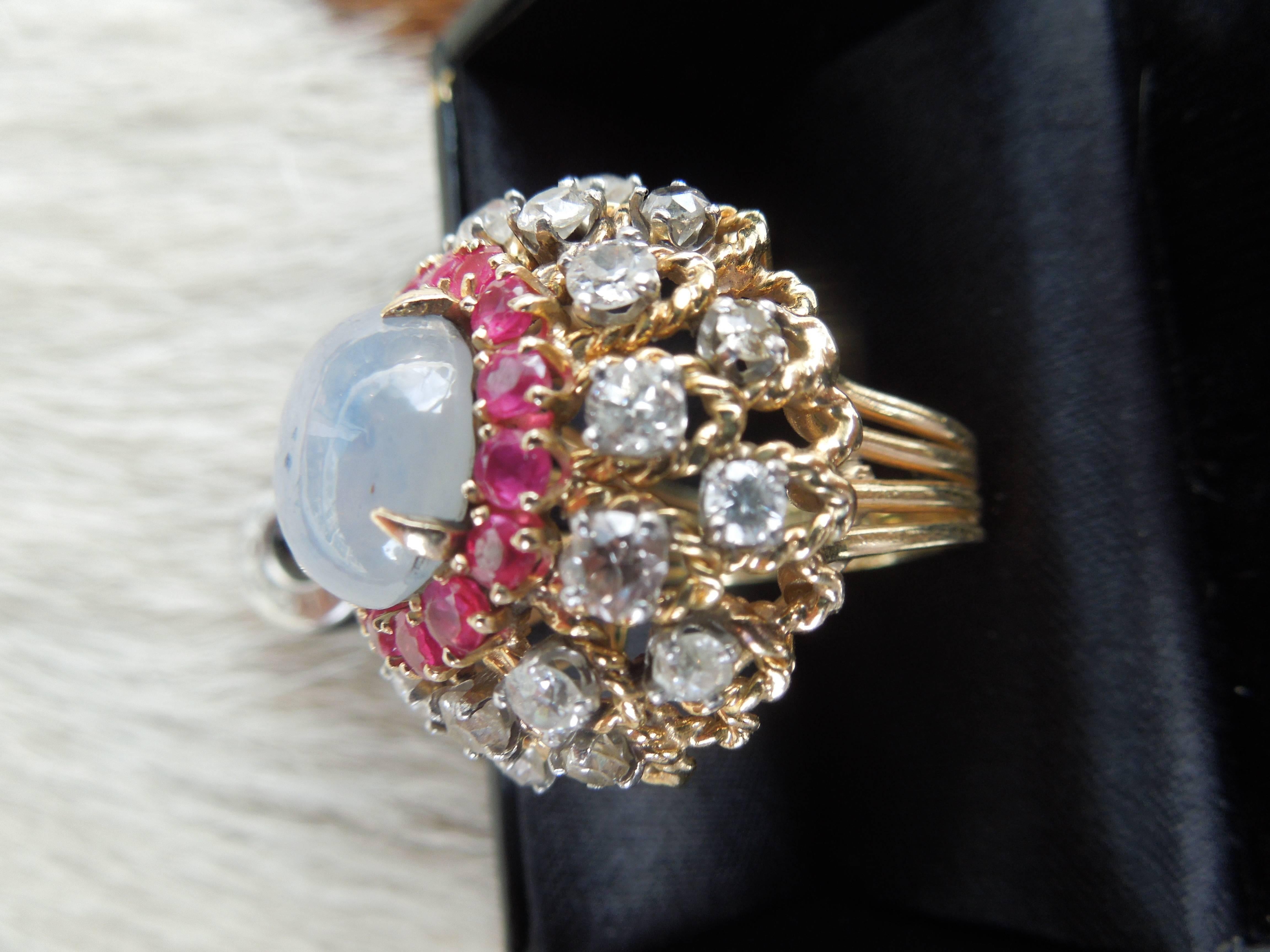 Mid-20th Century 1960s Palm Springs Fashion Cocktail Ring with Diamonds, Rubies and Star Saphire