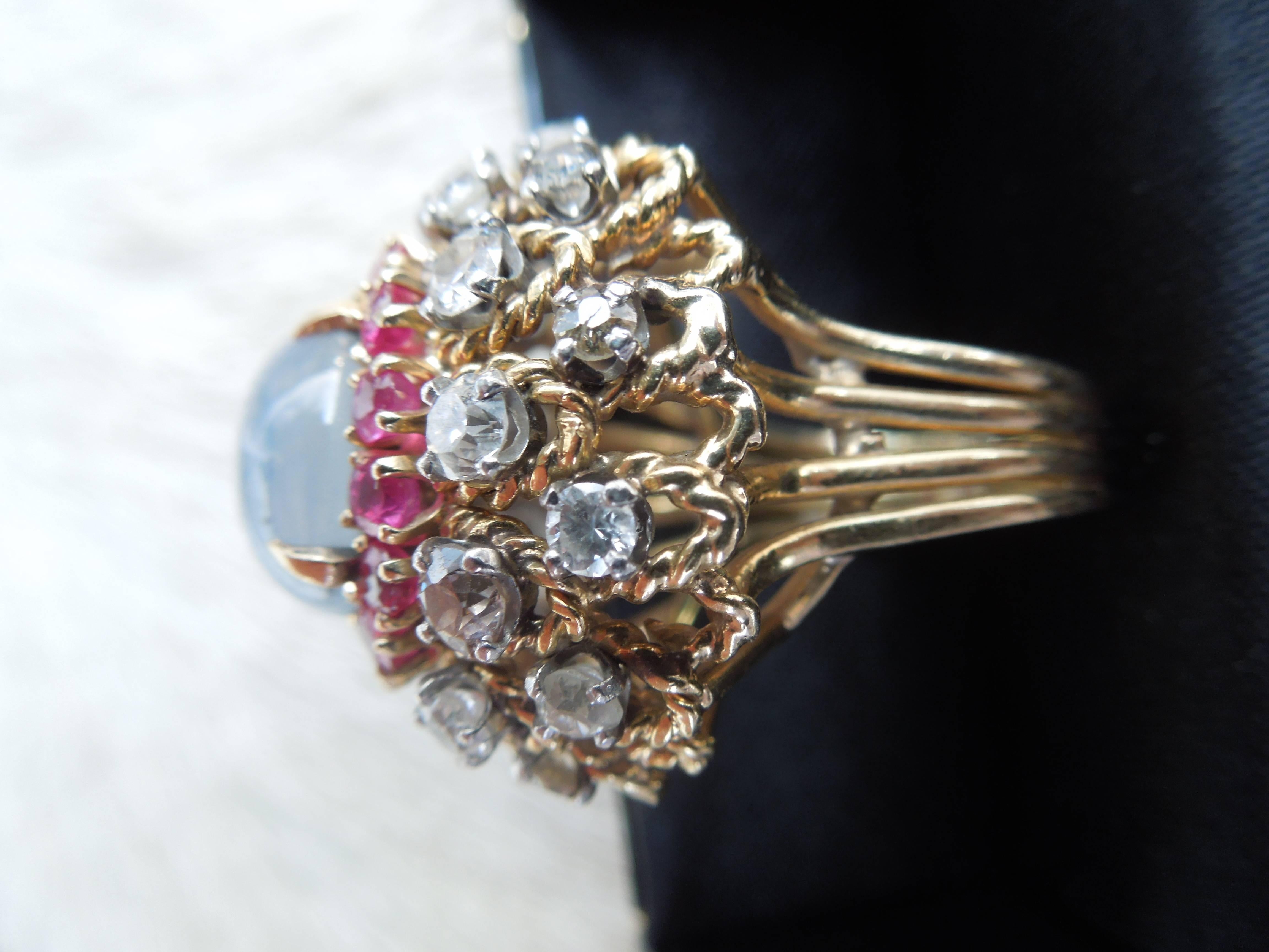 Gold 1960s Palm Springs Fashion Cocktail Ring with Diamonds, Rubies and Star Saphire