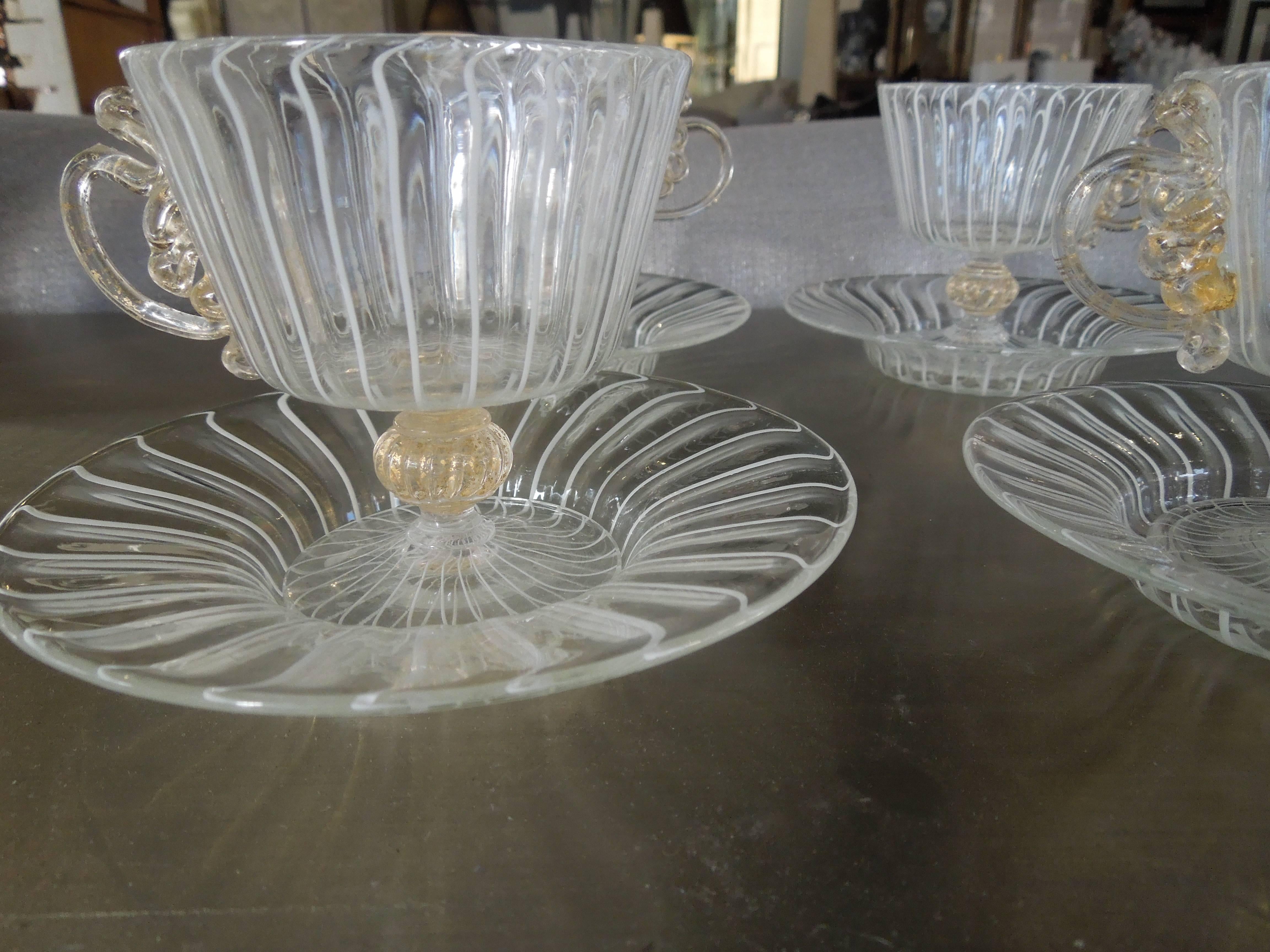 Regency Revival Rare Set of Vintage Italian Venetian Latticino Glass Cups and Saucers