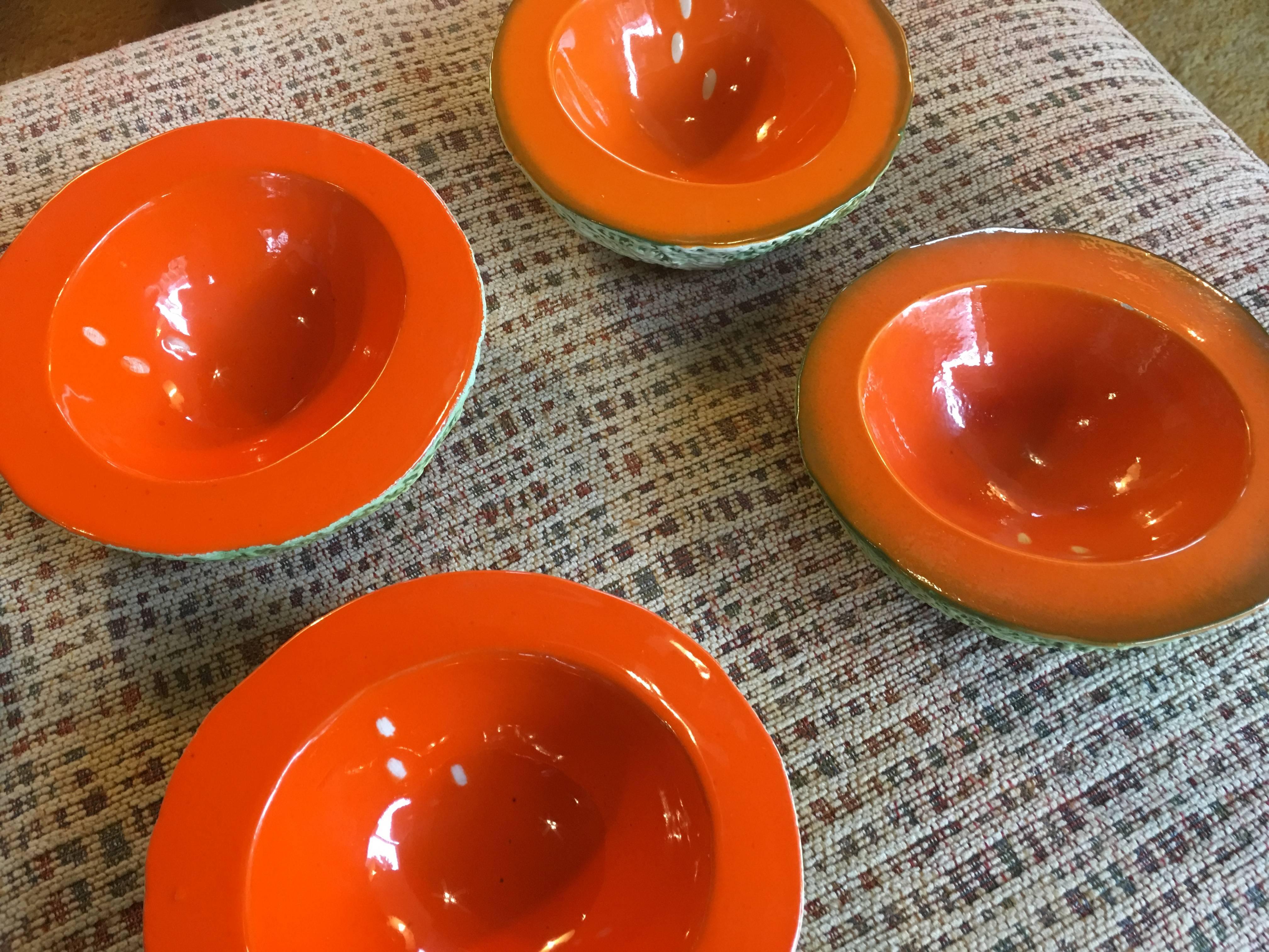 I have collected Mr. Langbein's work for over 30 years, and this set of 6 cantaloupe bowls from his iconic fruits and vegetable collections are my favourite. It consists of 6 individual bowls from two different sets. Both made in Italy in the 1950s,