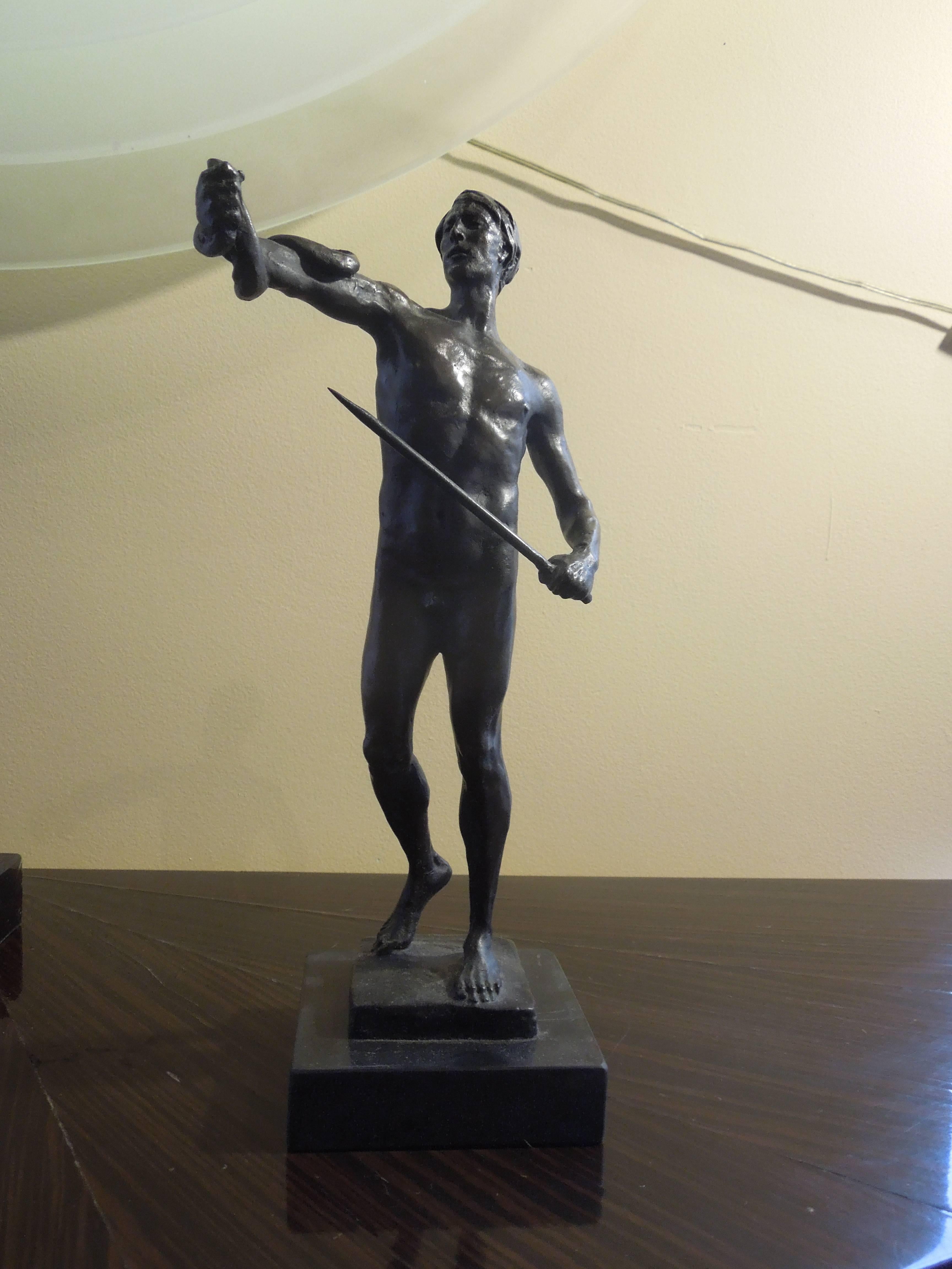 Unknown Bronze Male Nude with Sword and Snake Statue