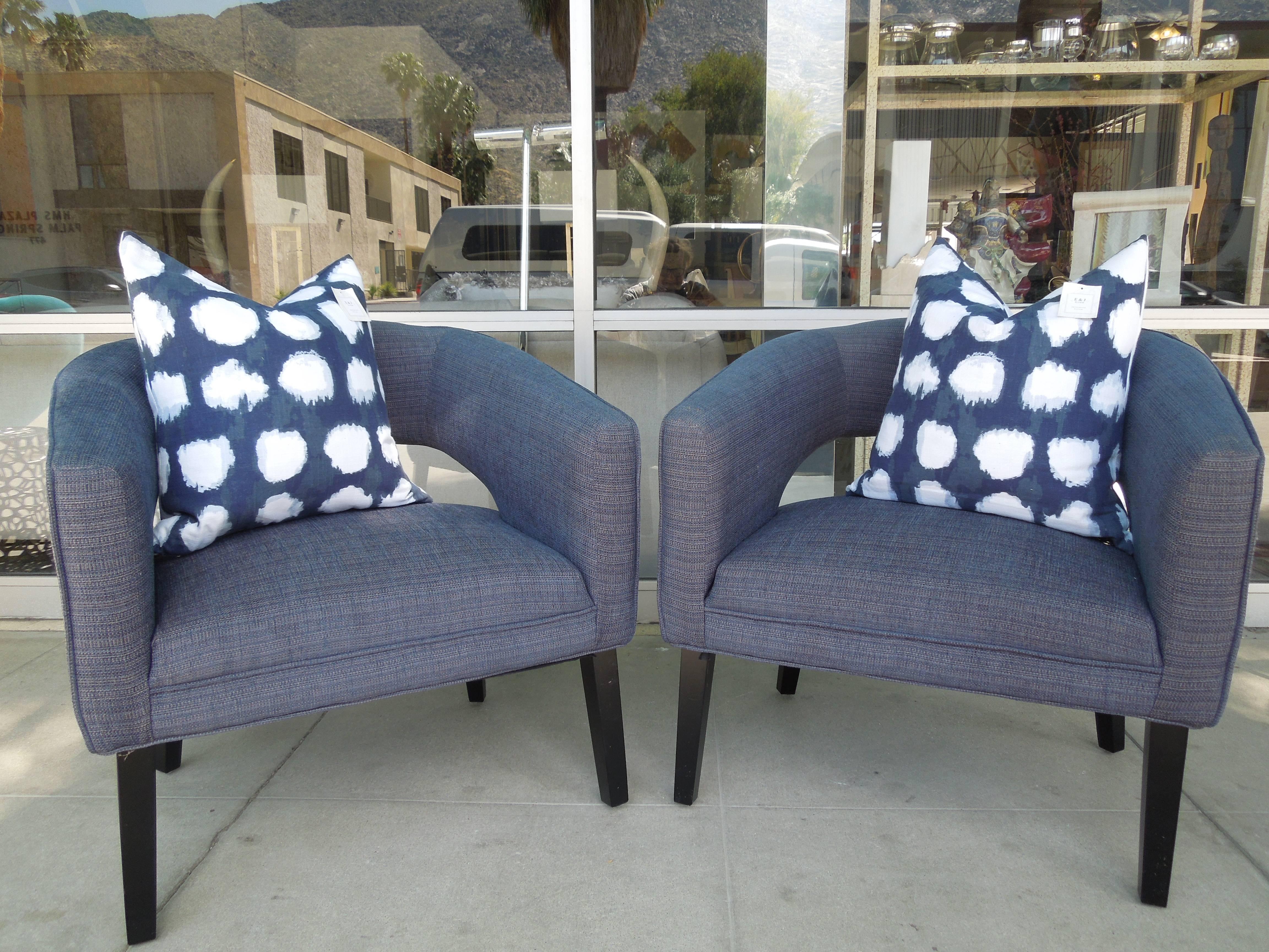 Mid-Century Modern Pair of Modern Indigo Linen Club Chairs