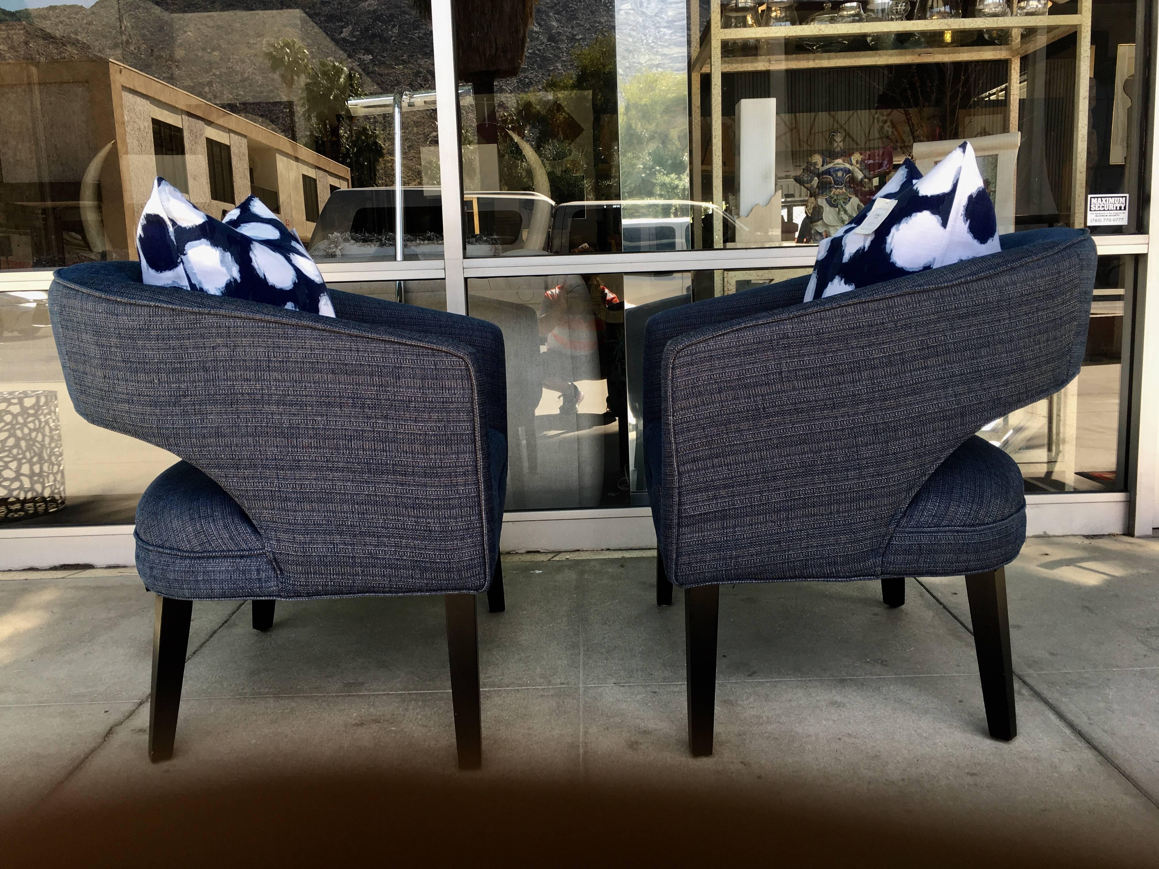 Pair of Modern Indigo Linen Club Chairs In Excellent Condition In Palm Springs, CA