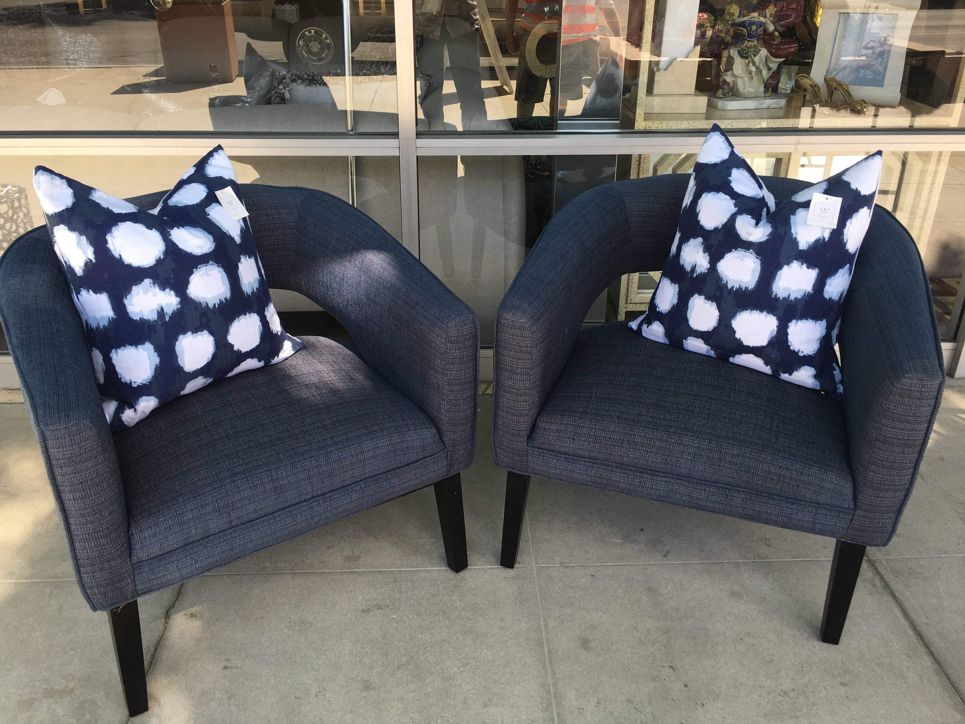Contemporary Pair of Modern Indigo Linen Club Chairs