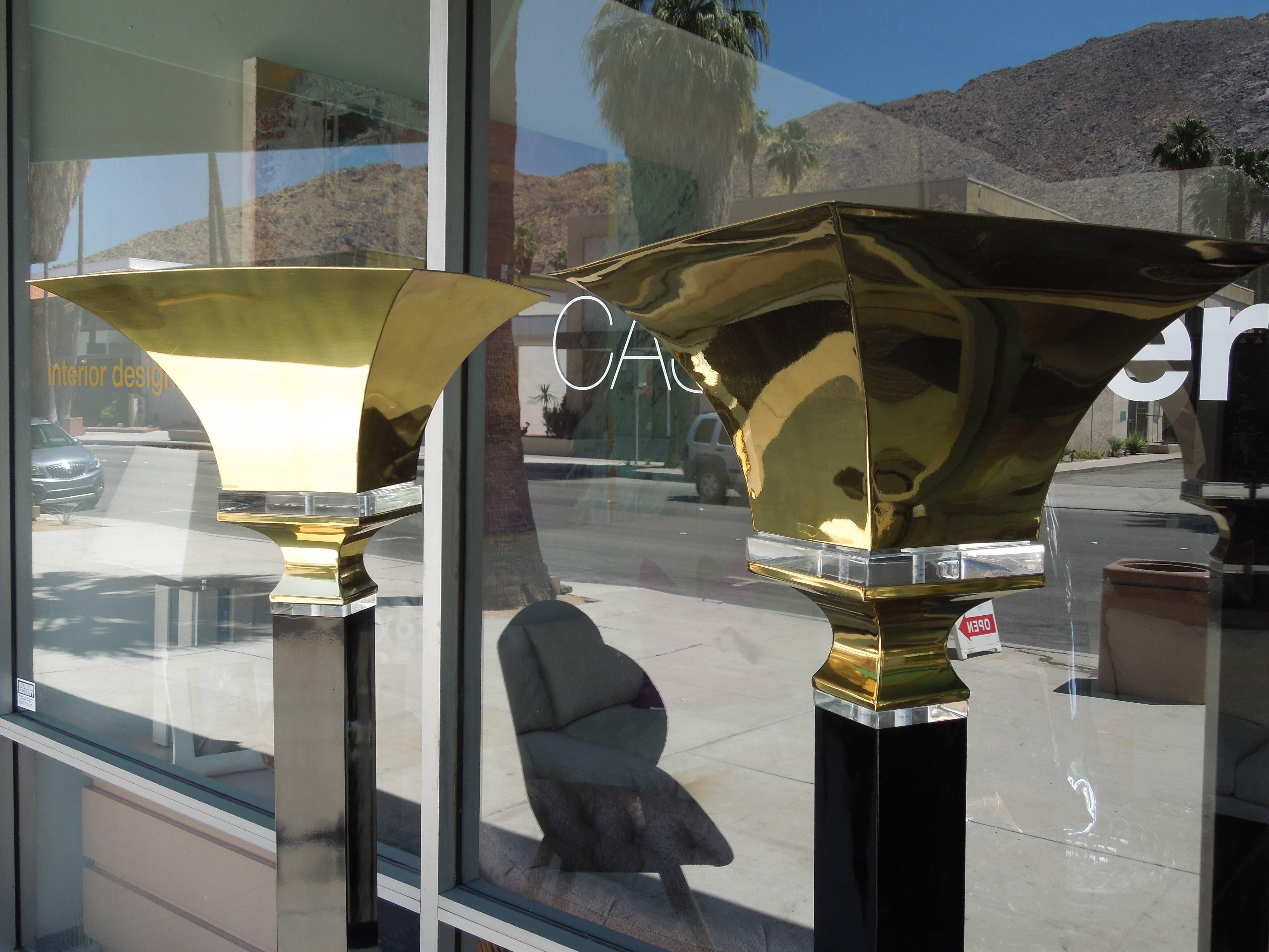 American Pair of Glamorous Hollywood Regency Brass and Lucite Torchieres