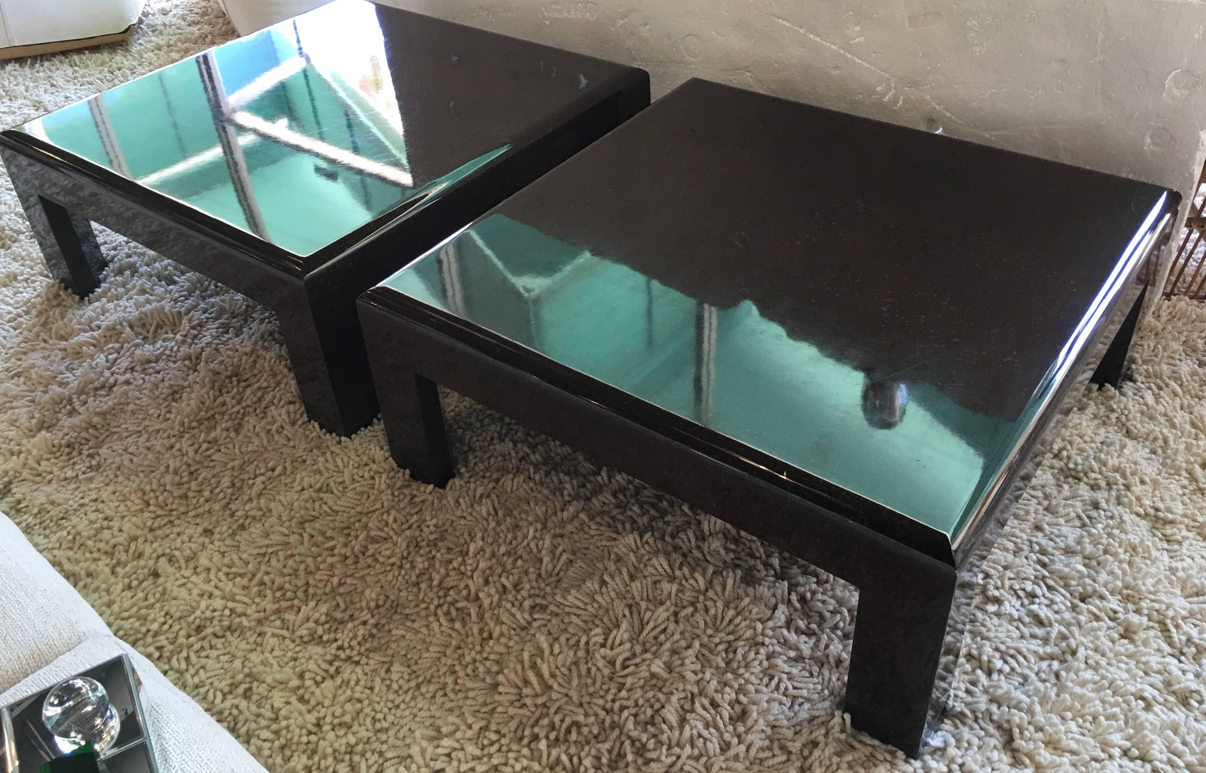 From a very prestigious estate in Indian Wells, Ca are a custom-made rare pair of high gloss lacquer coffee tables. Beautiful brown with a oil spatter custom finish. Extremely chic and very luxe modern. In the style of Sally Sirkin Lewis that did