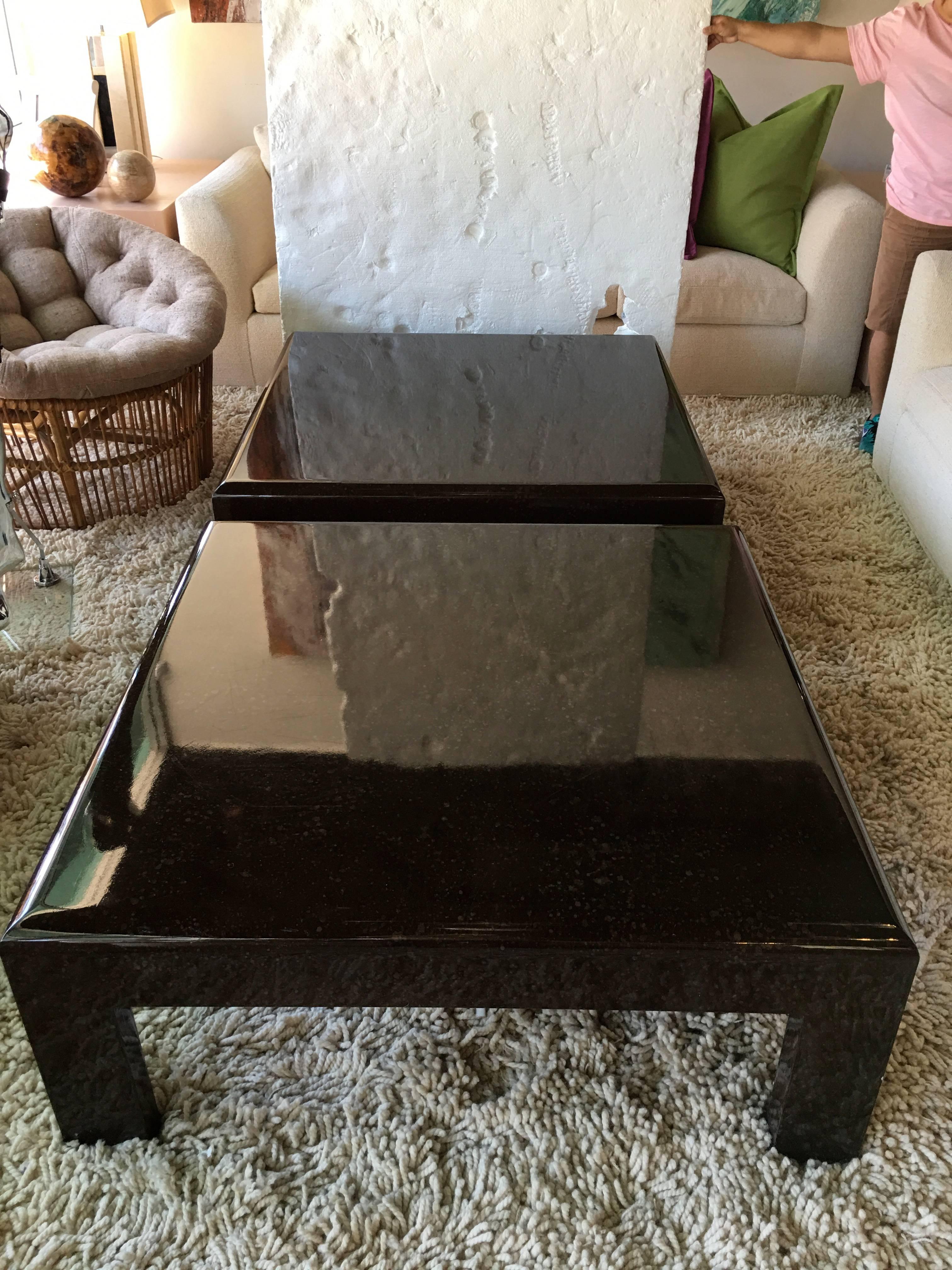 Pair of Luxe Custom-Made Modern Chocolate Lacquer Coffee Tables In Good Condition In Palm Springs, CA