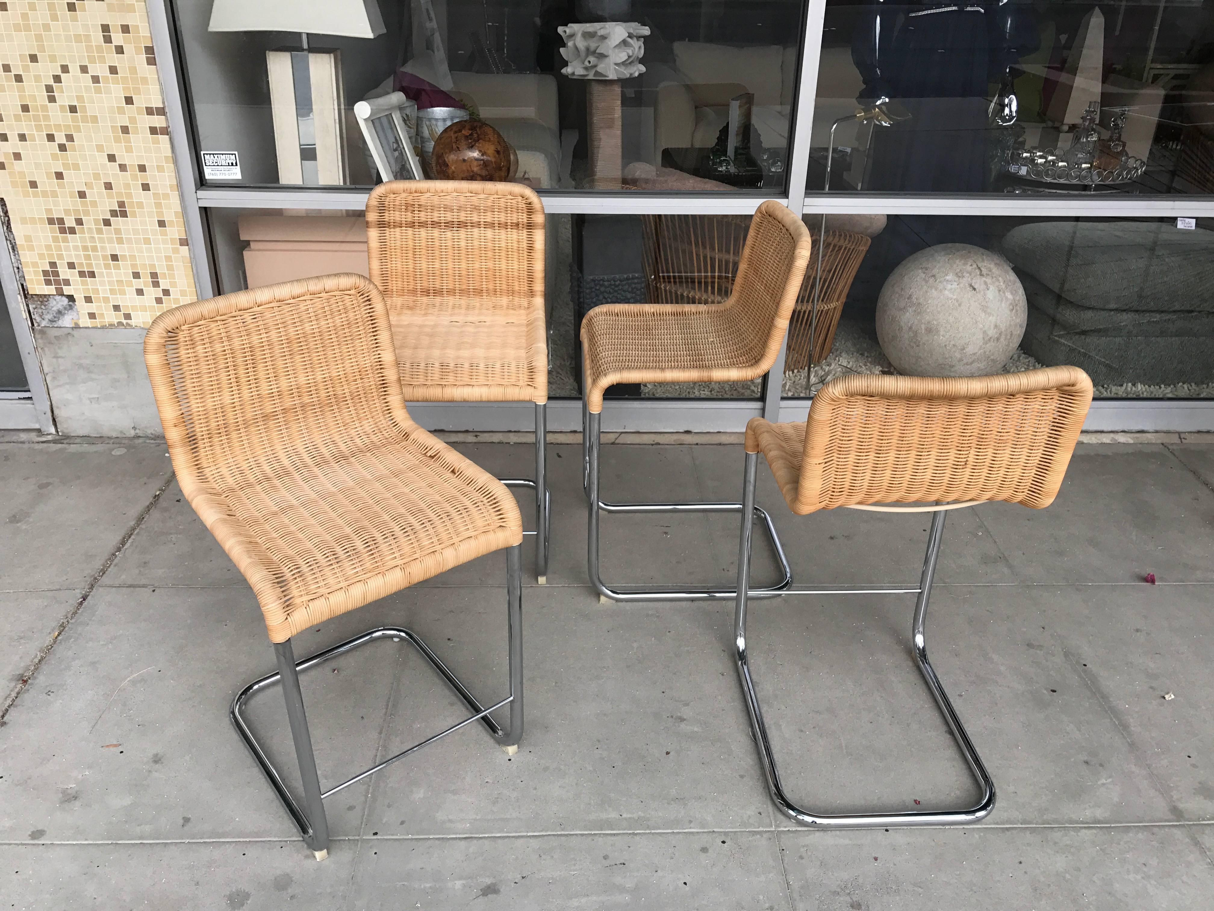 This set of four barstools came from a $4,000,000 Palm Springs Area estate and were special ordered by the architect for the modern residence. Very much in the style of the Denmark designers, Fabricius and Kastholm. Very clean and simple timeless