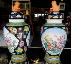 Pair of 20th Century Hand-Painted Chinoiserie Foo Dog Ginger Jars