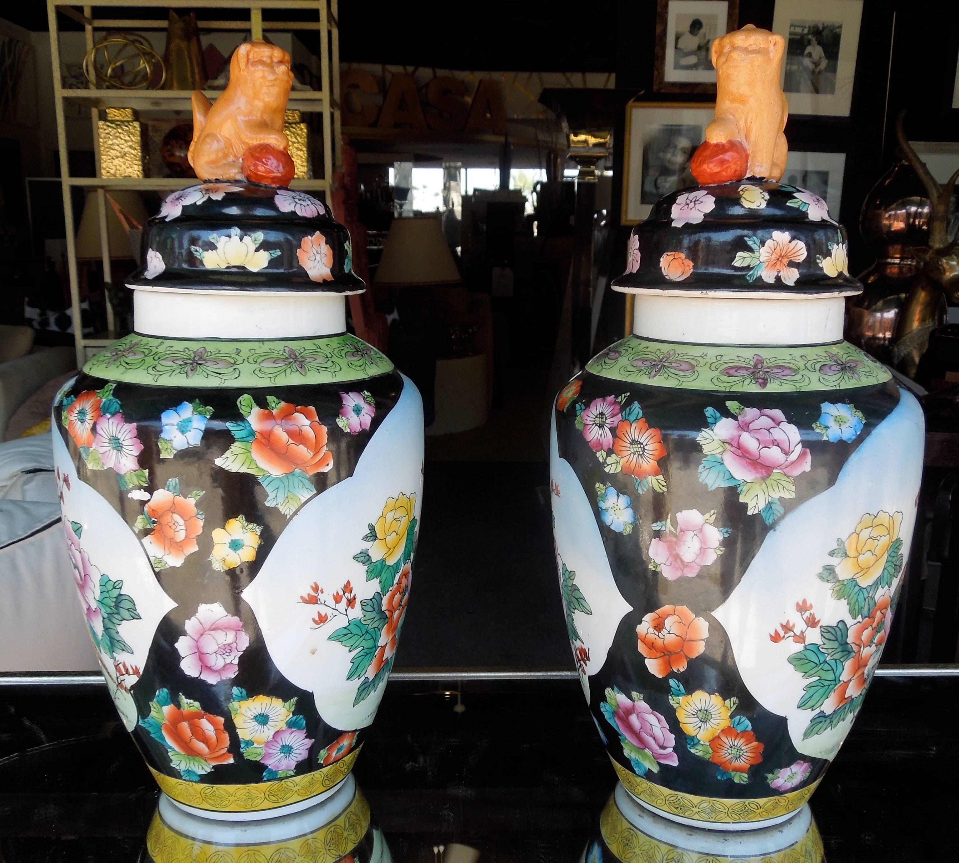 Pair of 20th Century Hand-Painted Chinoiserie Foo Dog Ginger Jars 2
