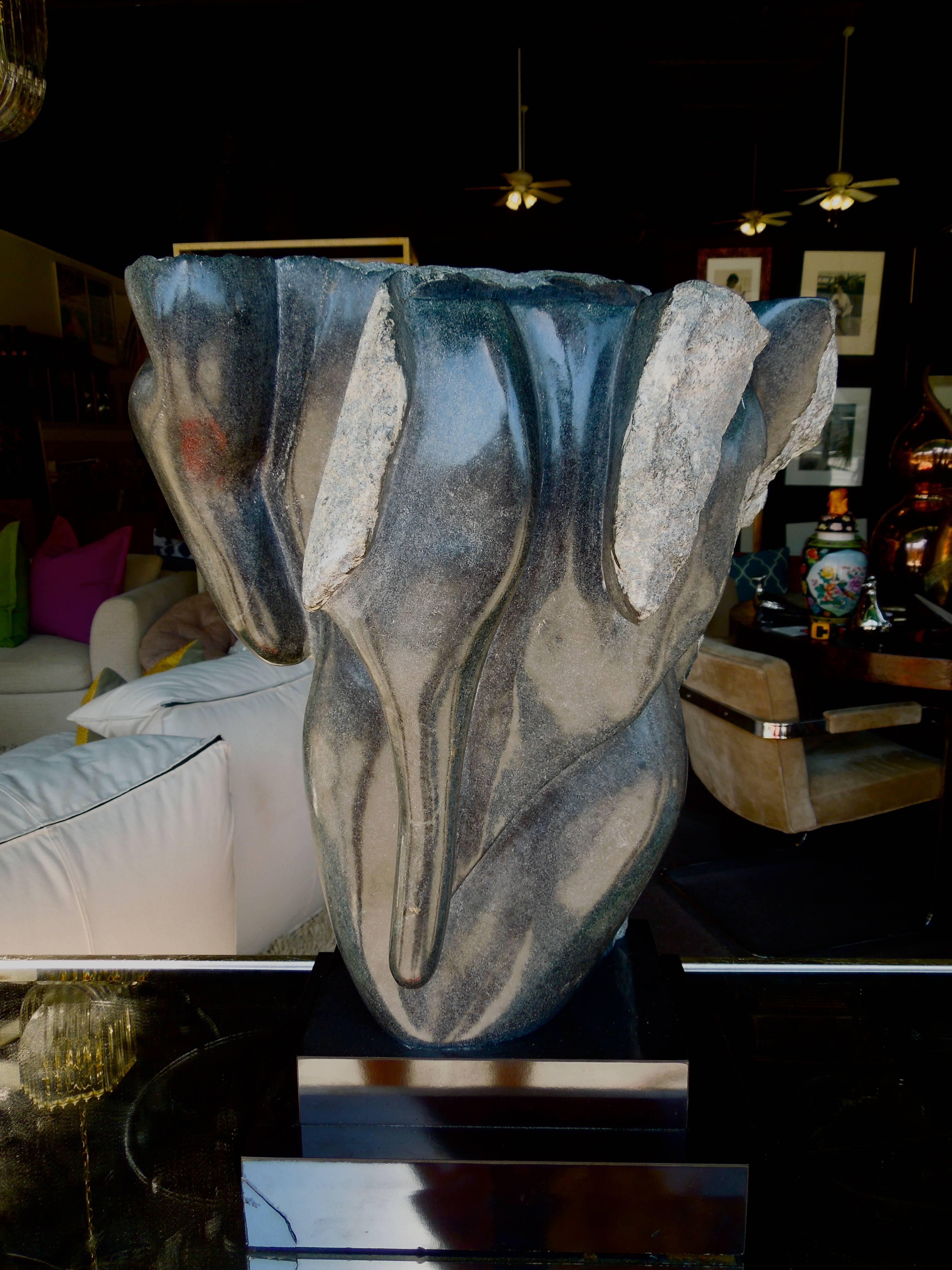 This gorgeous work of modern art came from a $4,000,000 Palm Springs Estate filled with amazing examples of 20th century modern art from all over the world. Originally on a solid black glass tall pedestal, this piece is very heavy and mounted on a