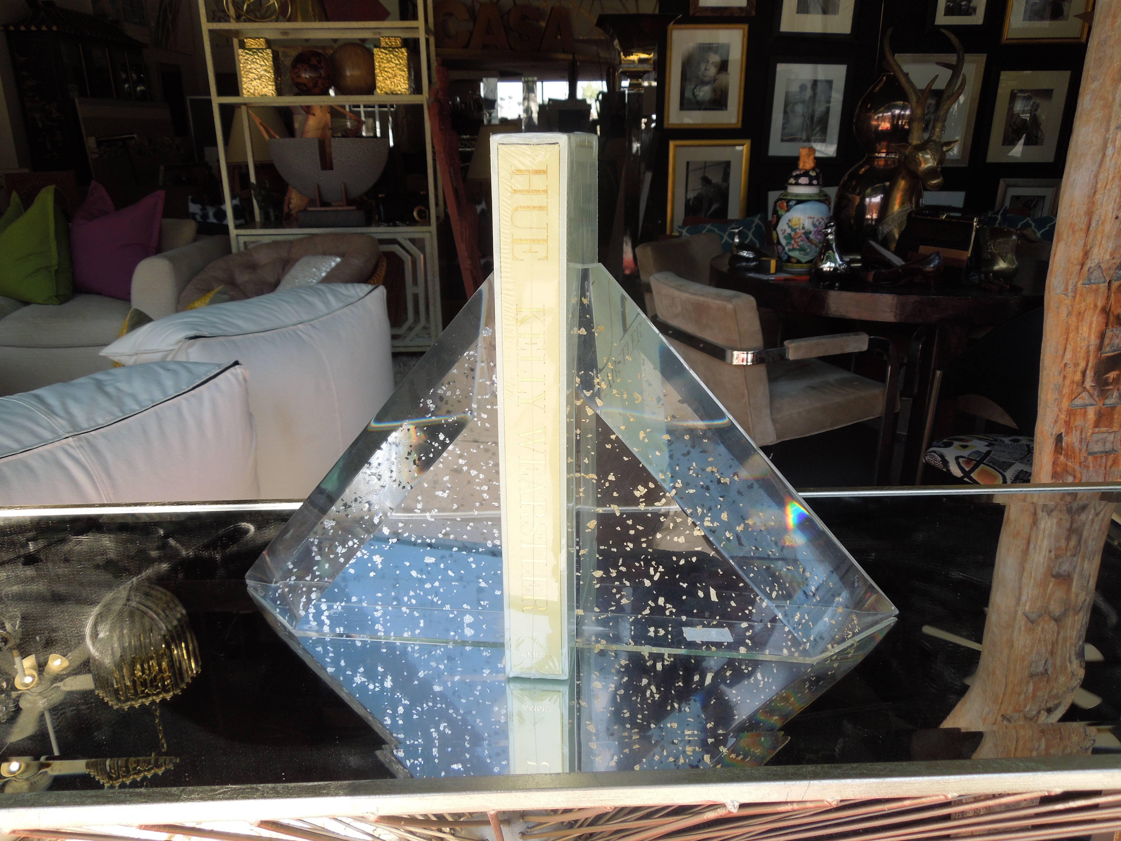 Late 20th Century 1970s Lucite with Gold and Silver Fleck Bookends