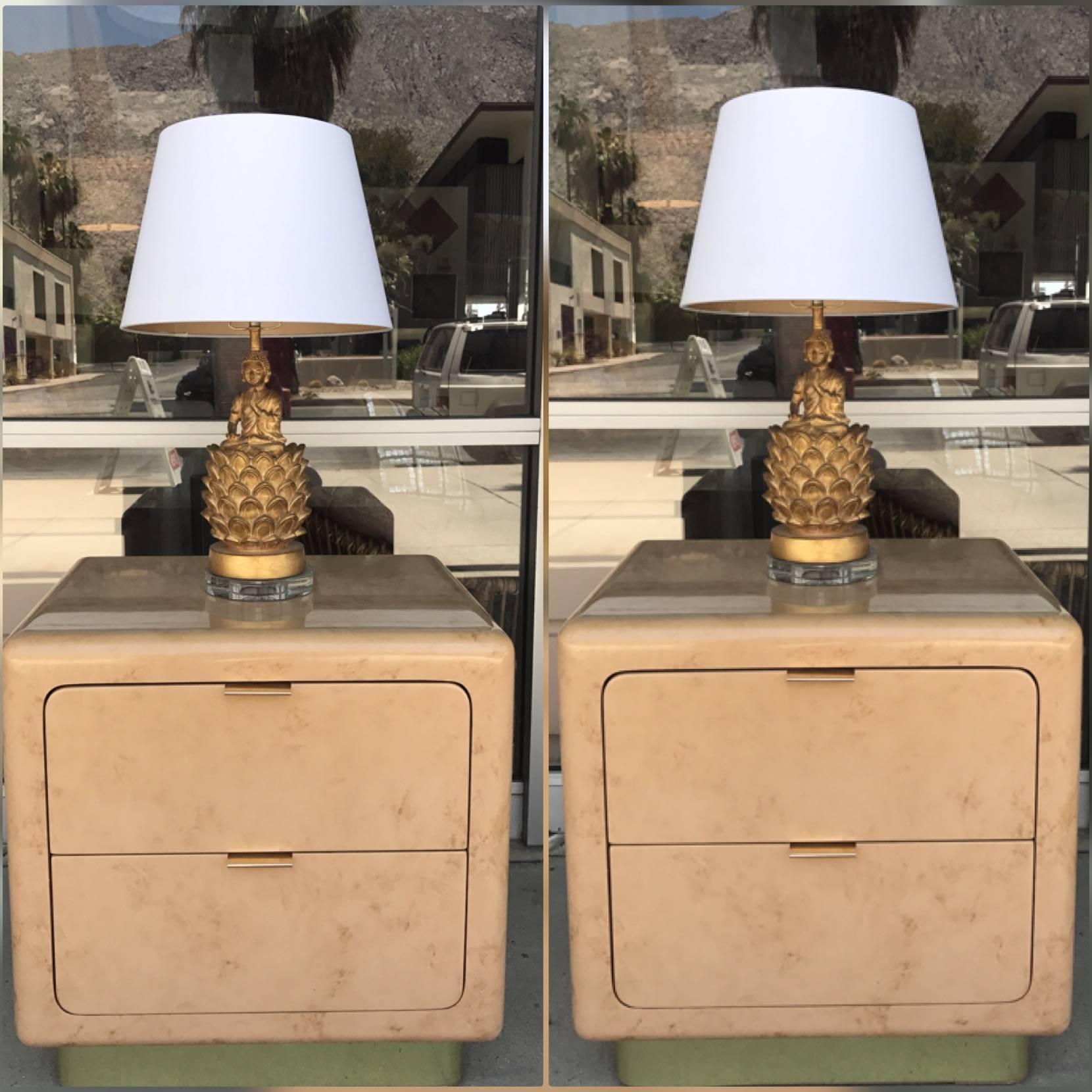 These very high end night stands came from a very glamorous Palm Springs area Country Club residence. Very much in the style of the late, great designer, Steve Chase. The entire bedroom suite was custom made and available separately. Two drawers