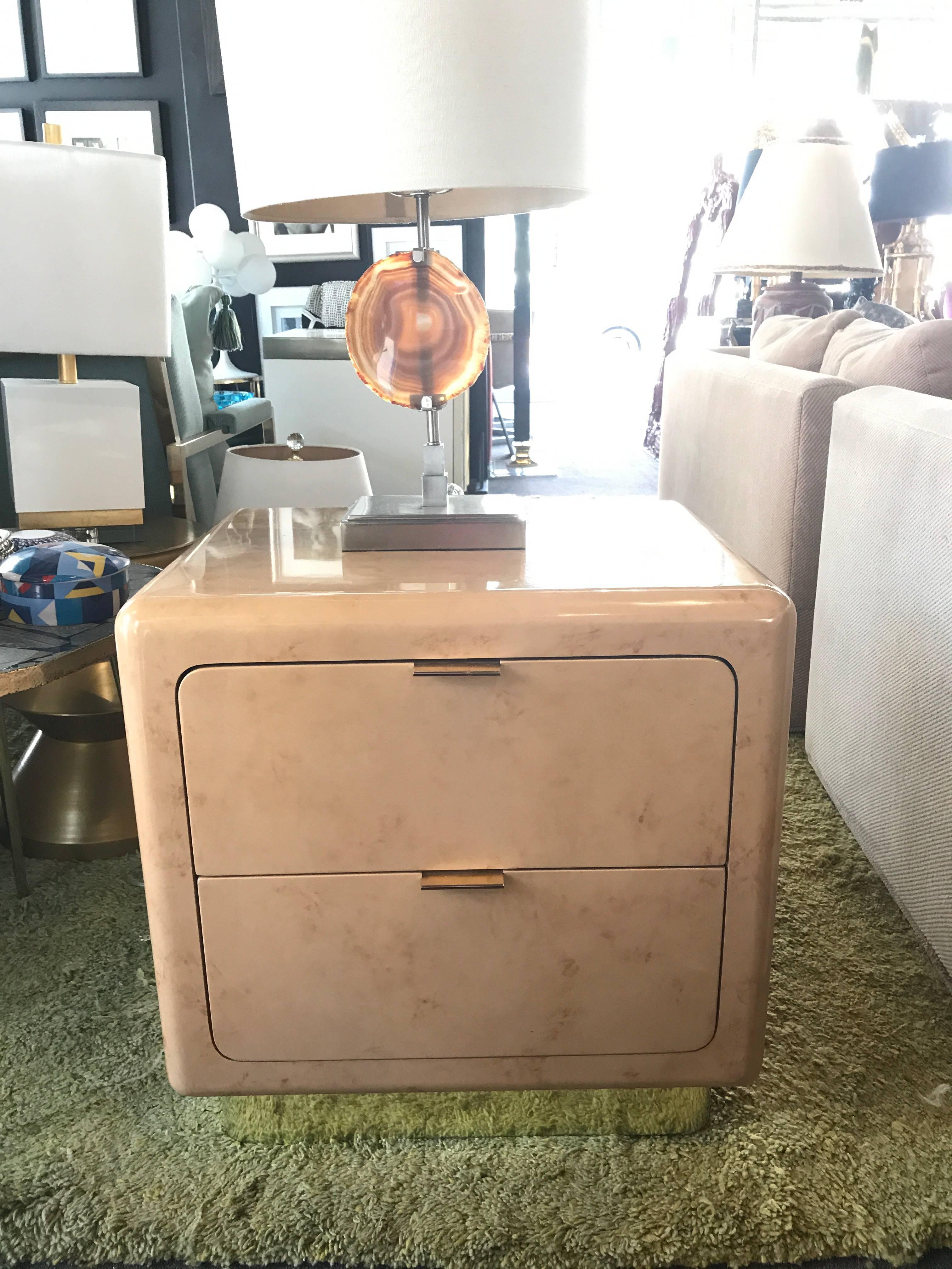 Pair of Vintage 1980s Brass and Faux Goatskin Nightstands In Excellent Condition In Palm Springs, CA